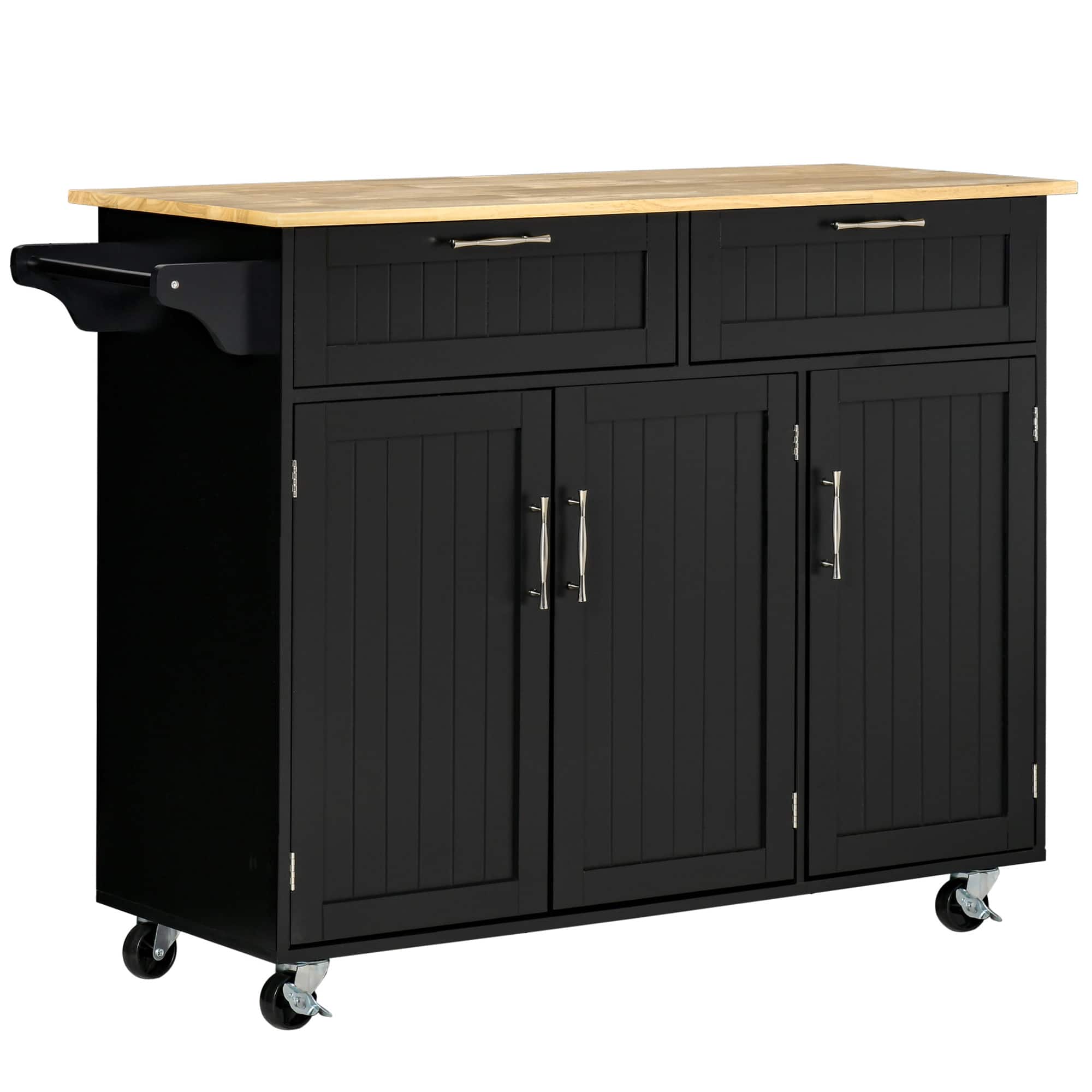 Homcom - Mobile Kitchen Island with Storage, Wood Top Cart, Storage Drawers, 3-Door Cabinets, Adjustable Shelves & Towel Rack - Black