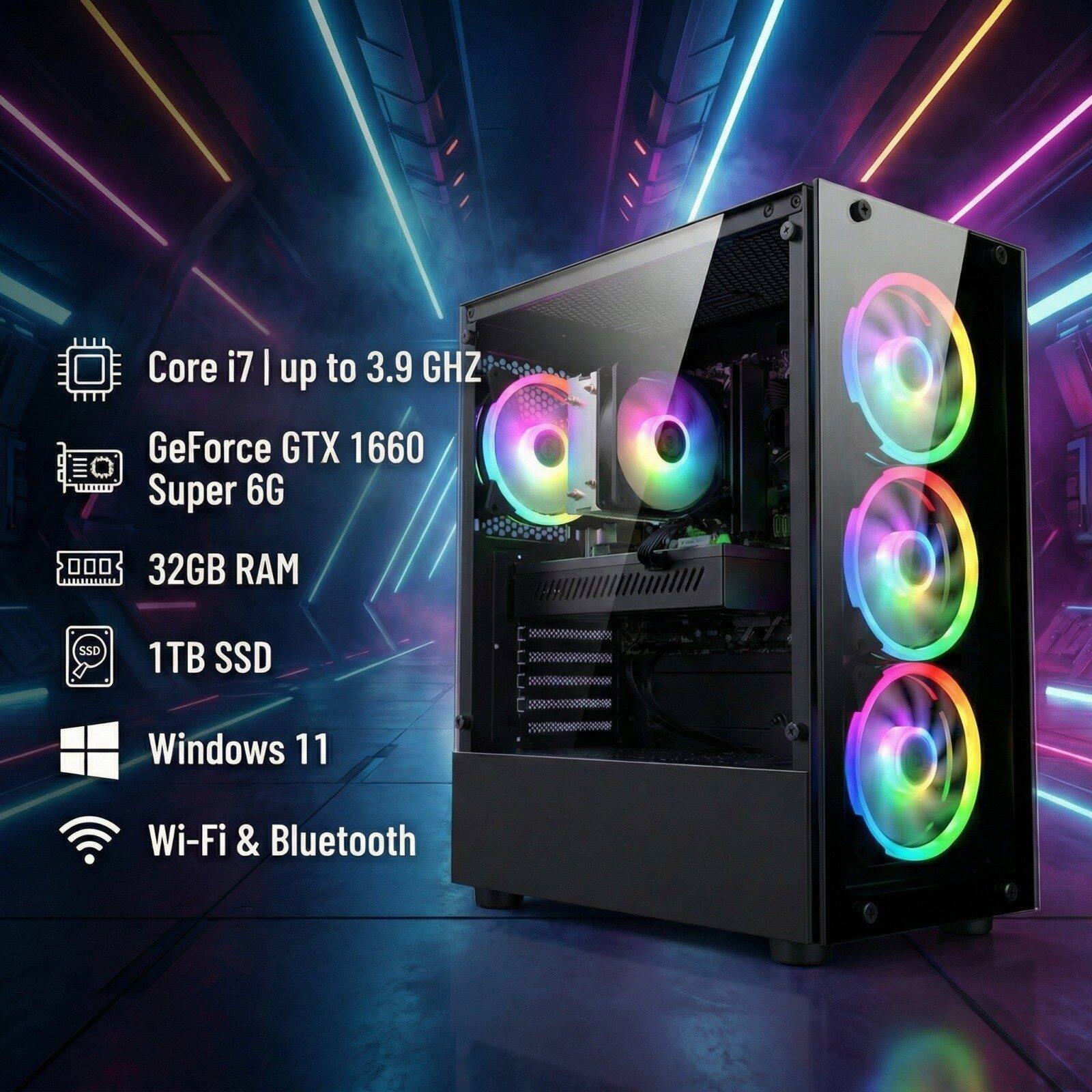 Core i7 | up to 3.9 GHz  
GeForce GTX 1660 Super 6G  
32GB RAM  
1TB SSD  
Windows 11  
Wi-Fi & Bluetooth