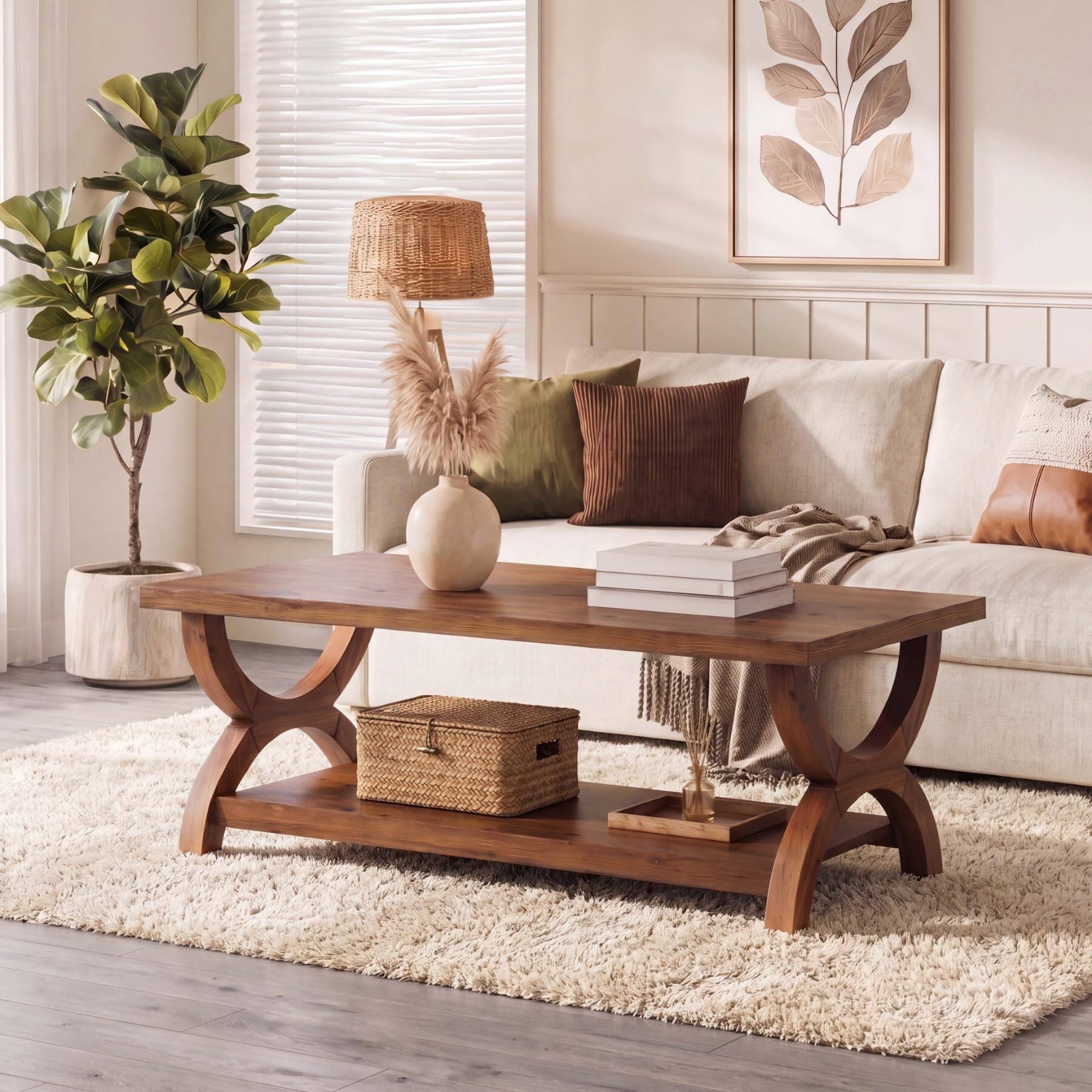 Alt View 1. Tribesigns - 47.2" Large Rectangle Solid Wood Coffee Table for Living Room - Brown.