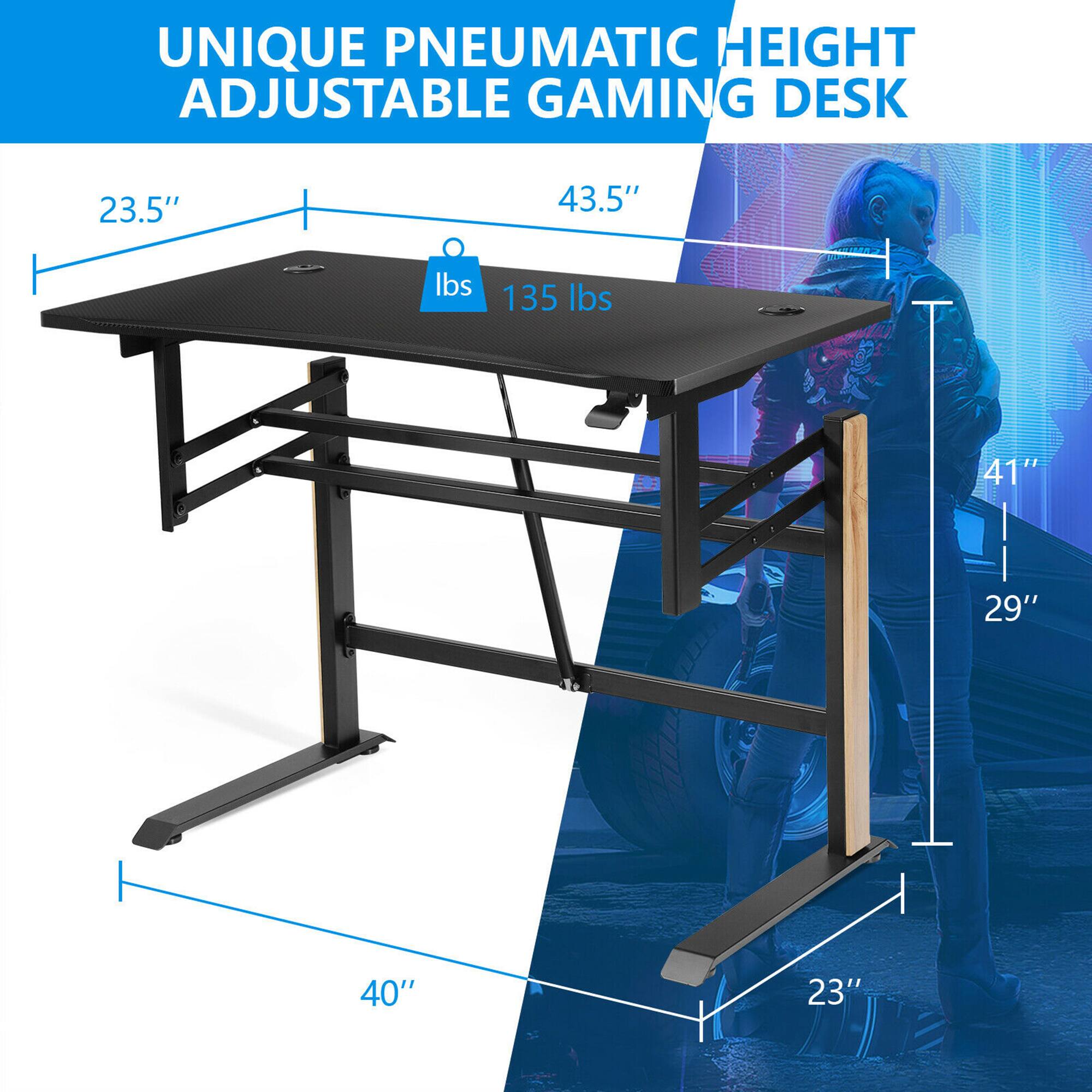 UNIQUE PNEUMATIC HEIGHT ADJUSTABLE GAMING DESK 23.5" 43.5" 41" 29" 40" 23" lbs 135 lbs