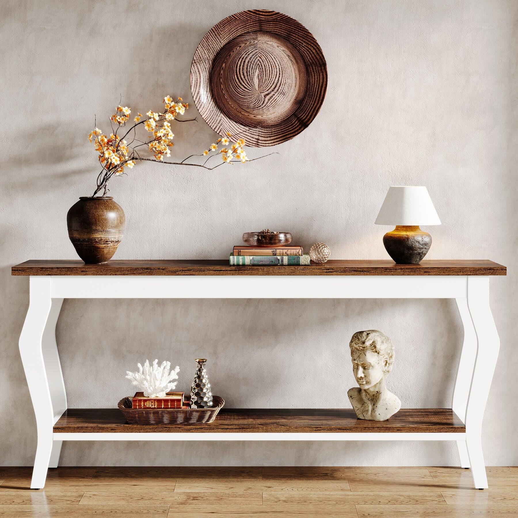Alt View 1. Tribesigns - Console Table with Engineered Wood Construction, Storage Shelves and Rectangular Top for Hallway - Brown.