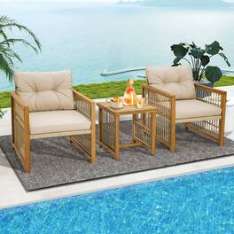 Gymax - 3PCS Patio Acacia Wood PE Wicker Furniture Set w/ Soft Seat & Back Cushions - Beige