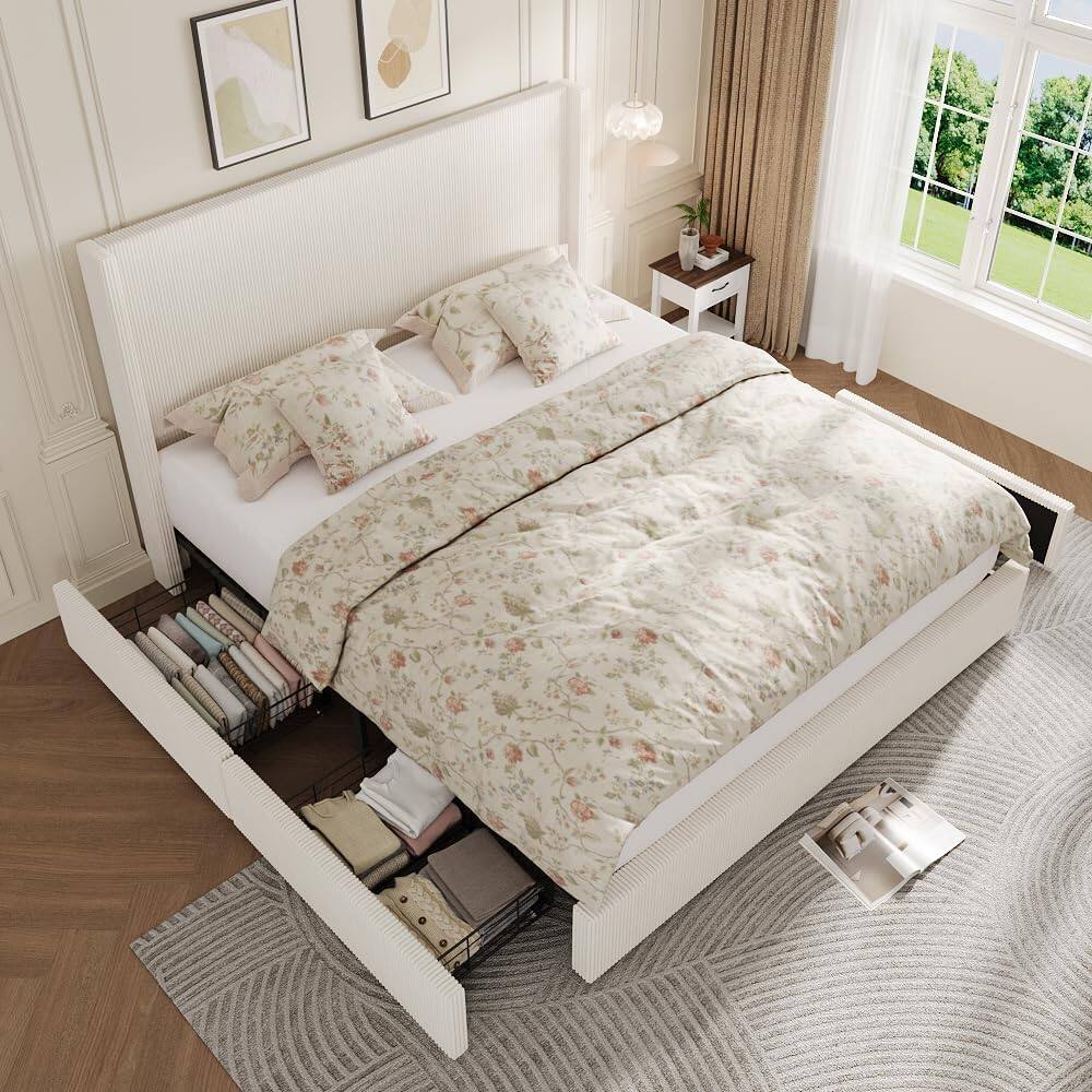 Left. GARVEE - Floating Upholstered Bed Frame with LED Lights and Storage Headboard, Solid Slats, Easy to Assemble - Grey.