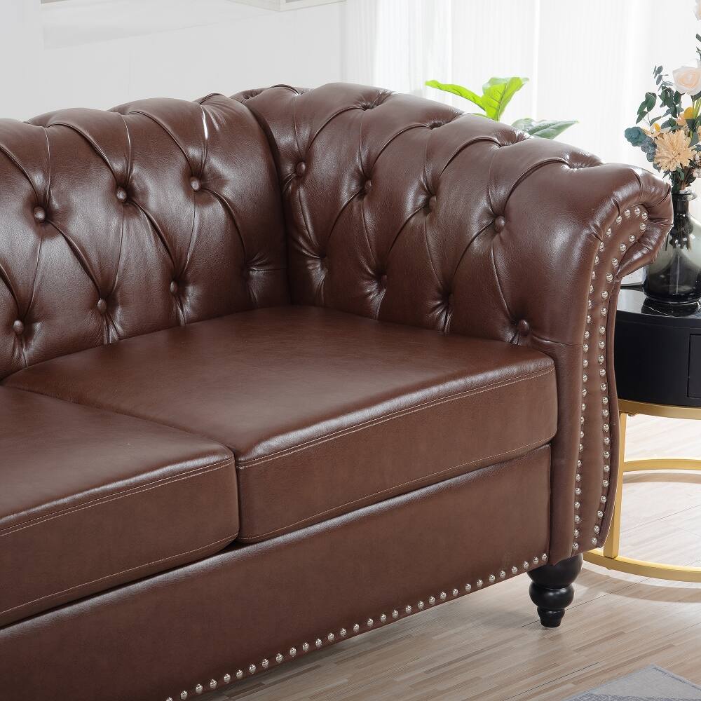 Alt View 9. Loheer - Loheer 84.65" Dark Brown PU Leather Chesterfield Sofa, Rolled Arm 3 Seater Couch with Tufted Back for Living Room - Dark Brown.