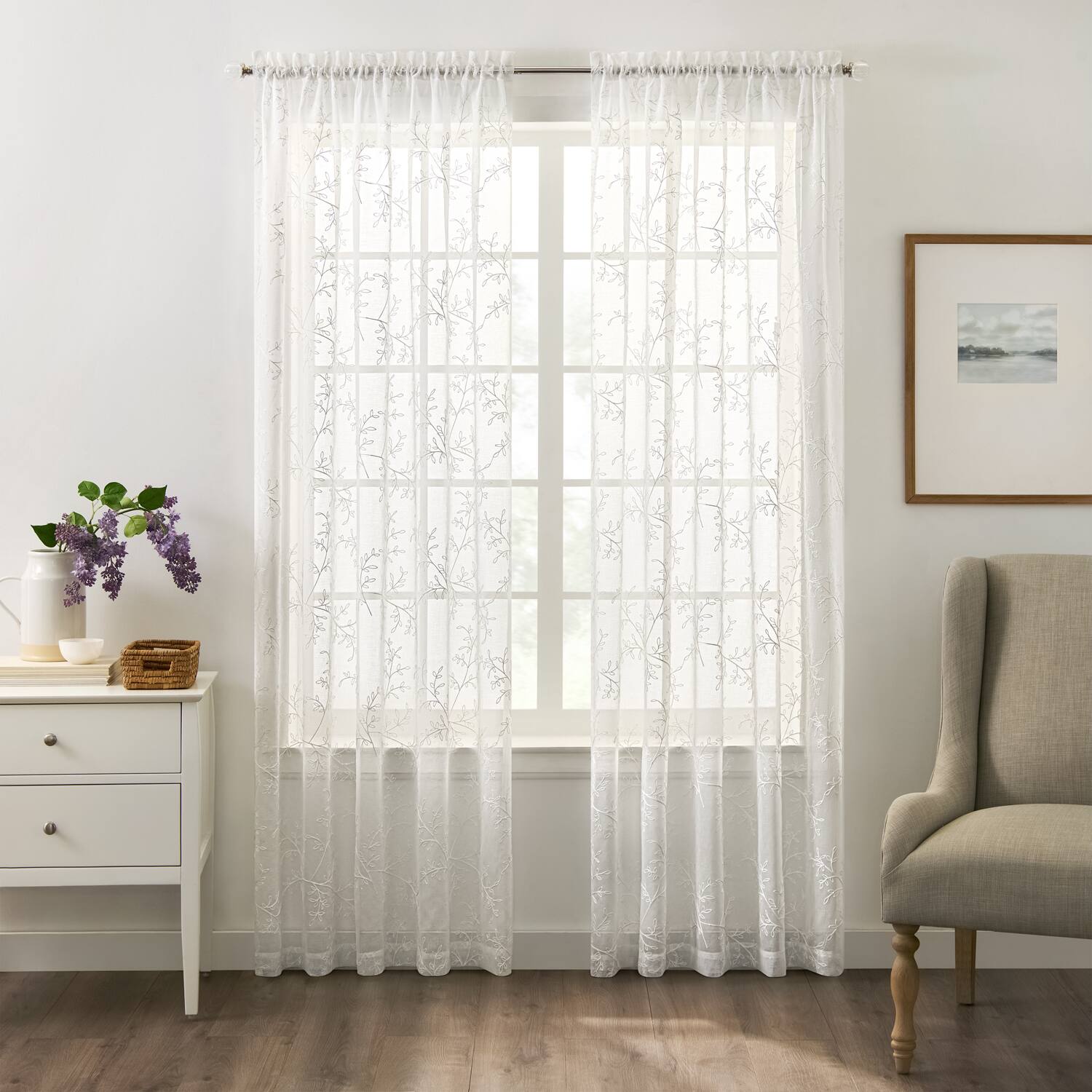 Angle. Ellis Curtain - Ellis Curtain Brewster 100% Polyester Embroidered Sheer Rod Pocket Curtain Panel 52" x 63" White - White.