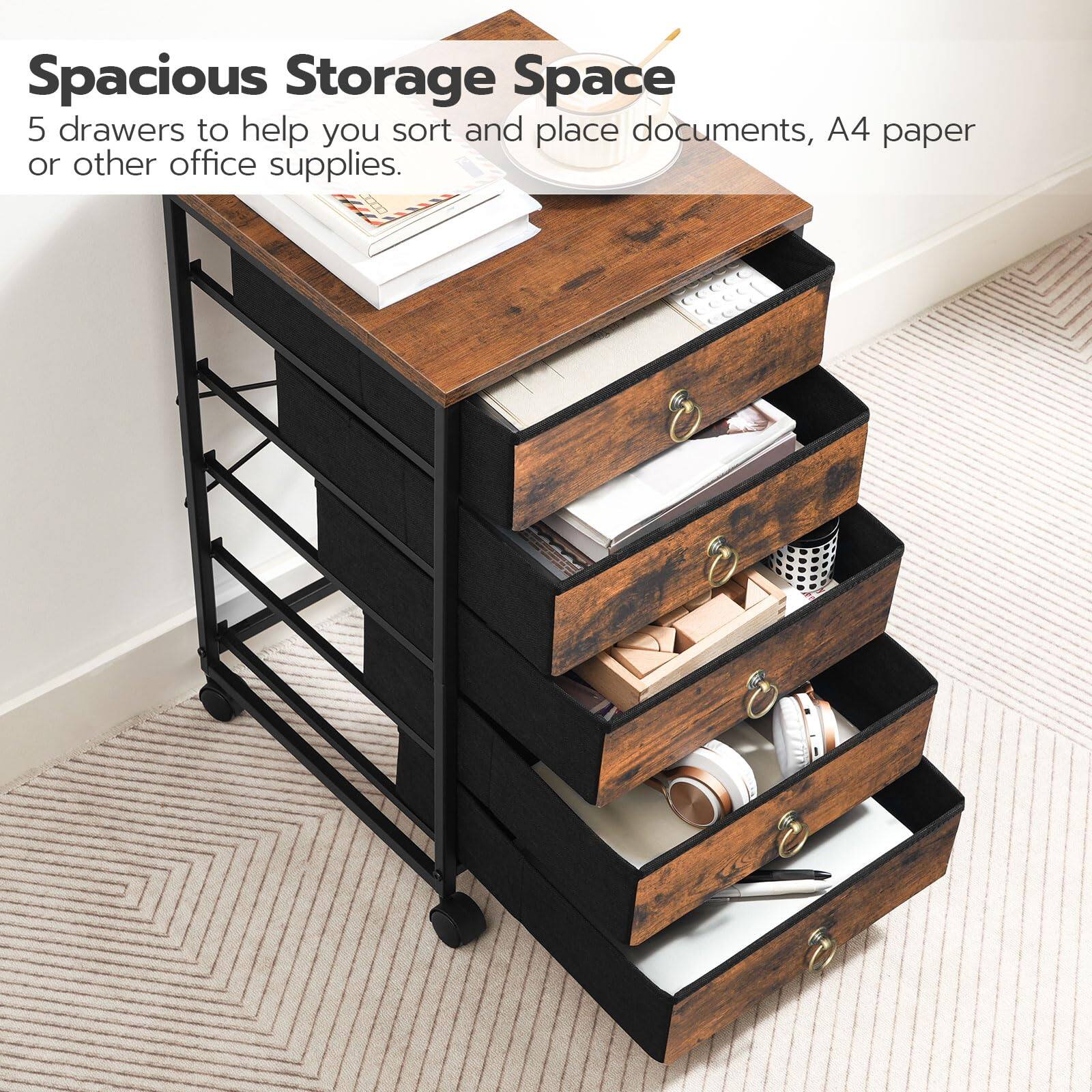 Spacious Storage Space  
5 drawers to help you sort and place documents, A4 paper or other office supplies.