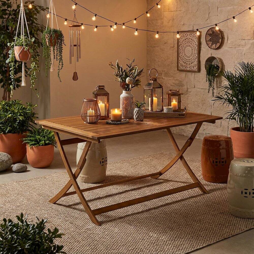 Alt View 3. Outdoor Escape - 7 Piece Clear Oil Bistro Table Set with 6 Folding Armchairs and Durable Finish - Natural Oil.