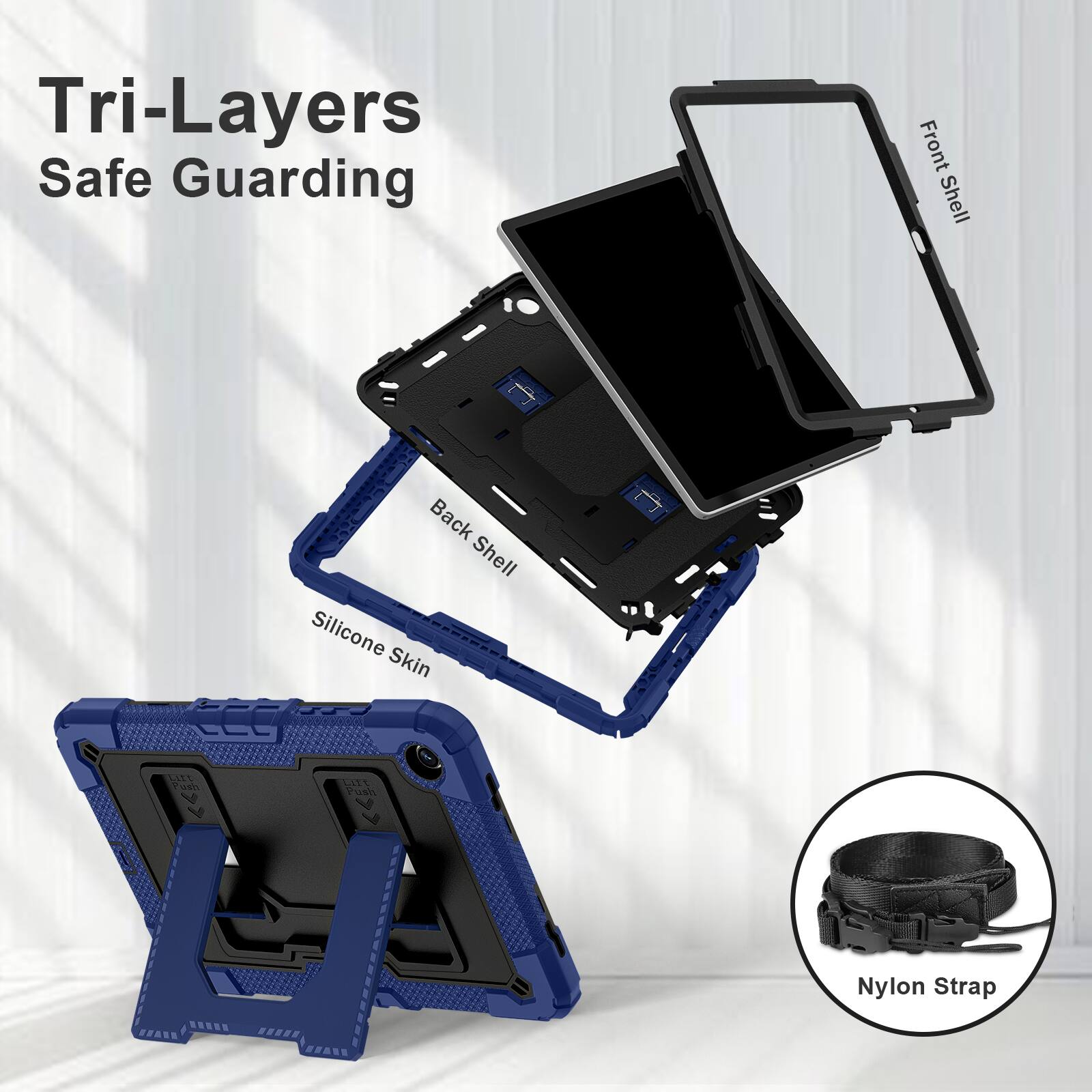 Tri-Layers Safe Guarding  
Front Shell  
Back Shell  
Silicone Skin  
Nylon Strap