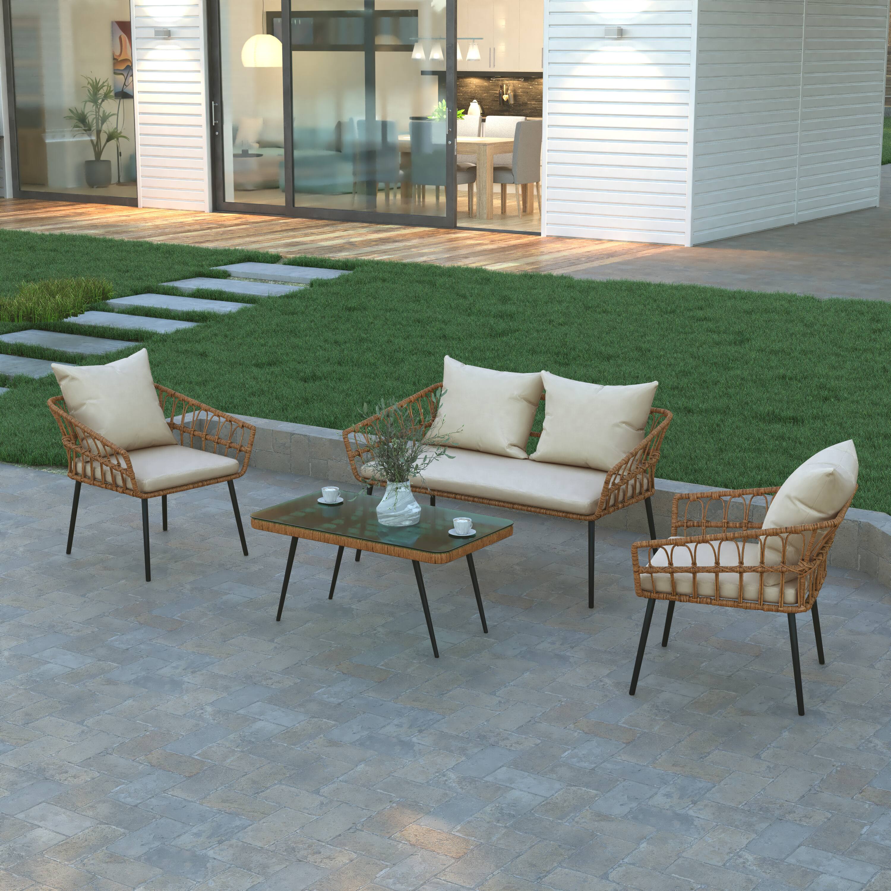 Alt View 1. Emma + Oliver - 4PC Rattan Patio Set with Two Chairs, Loveseat, Table & Cushions - Cream Cushions/Natural Frame.
