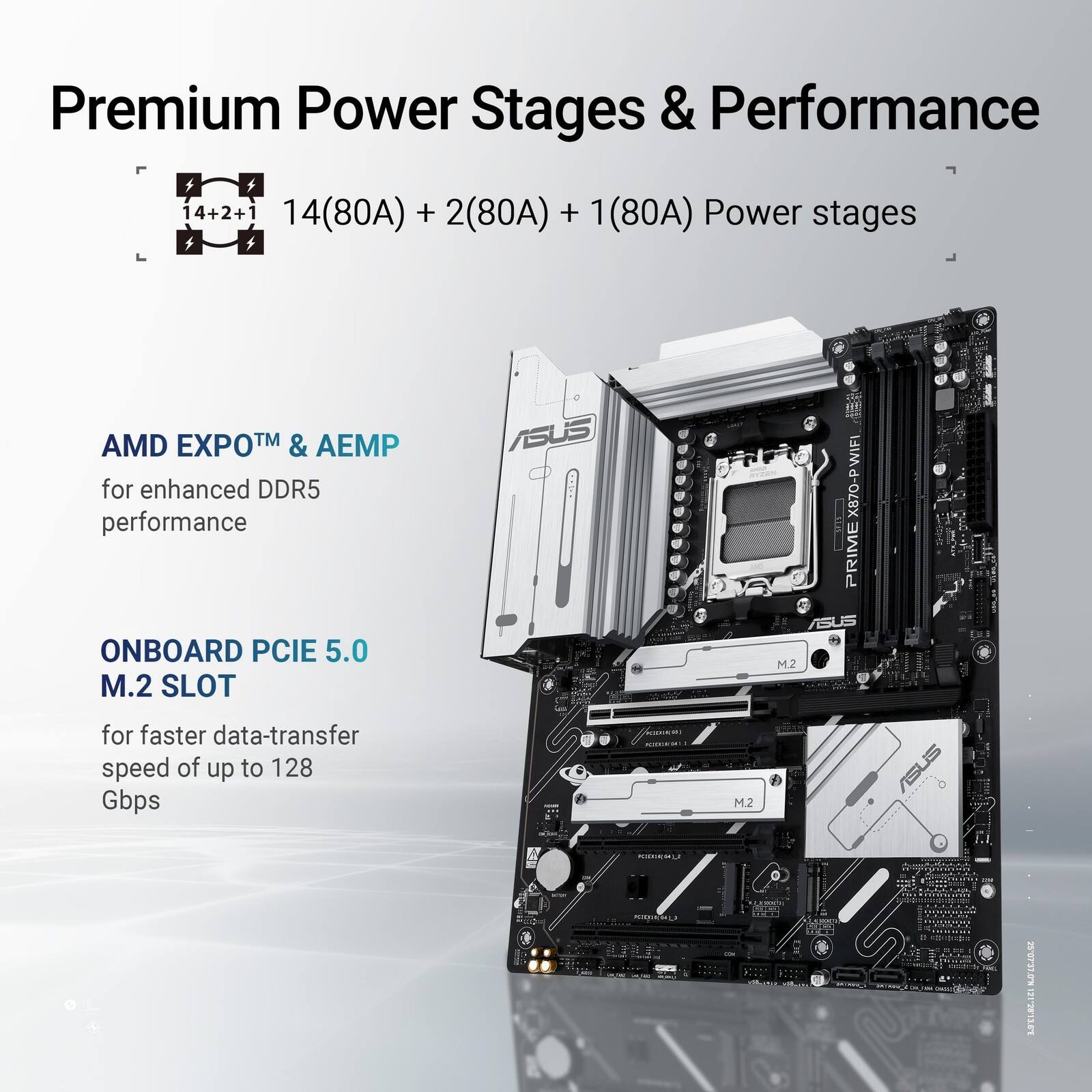 Premium Power Stages & Performance  
14(80A) + 2(80A) + 1(80A) Power stages  
AMD EXPO™ & AEMP for enhanced DDR5 performance  
ONBOARD PCIe 5.0 M.2 SLOT for faster data-transfer speed of up to 128 Gbps