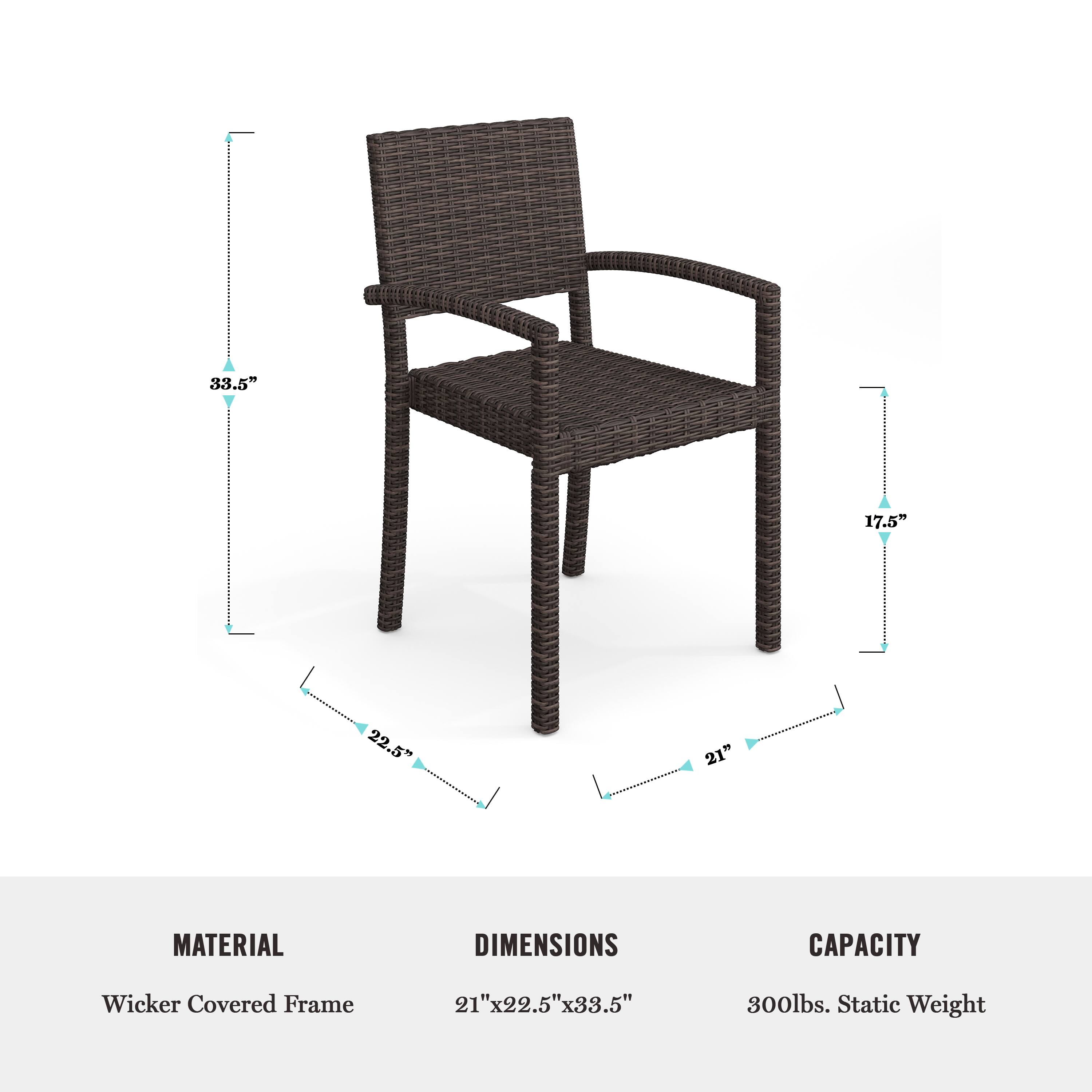 Material: Wicker Covered Frame
Dimensions: 21" x 22.5" x 33.5"
Capacity: 800 lbs. Static Weight