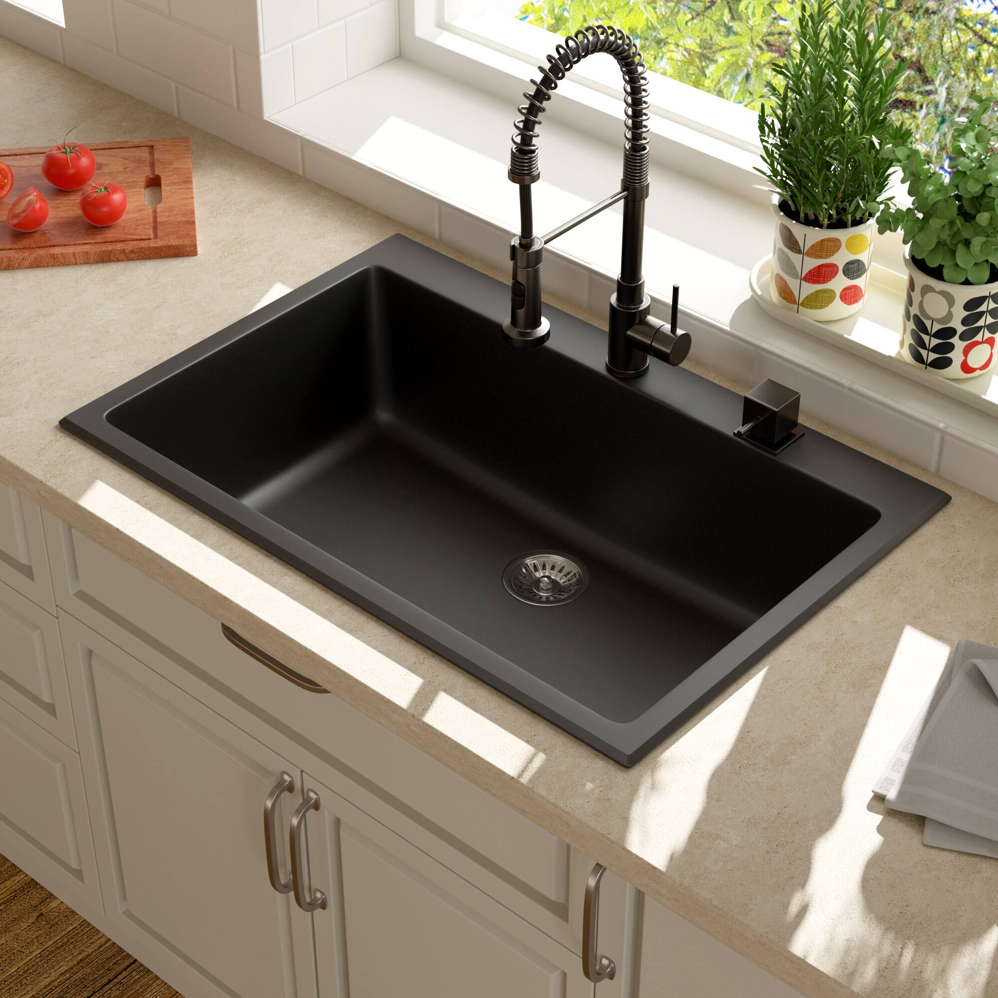 Left. Lordear - 33x22x10 Inch Black Granite Composite Drop In kitchen Sink Single Bowl Quartz Kitchen Sink With Beveled Edge - Black.