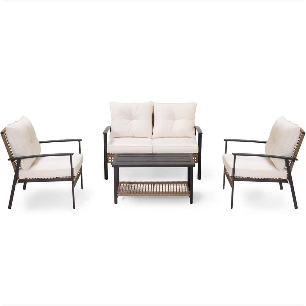 Yardgrace - 4-Piece Wicker Patio Conversation Set with Beige Cushions - Brown
