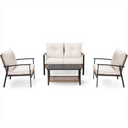 Yardgrace - 4-Piece Wicker Patio Conversation Set with Beige Cushions - Brown