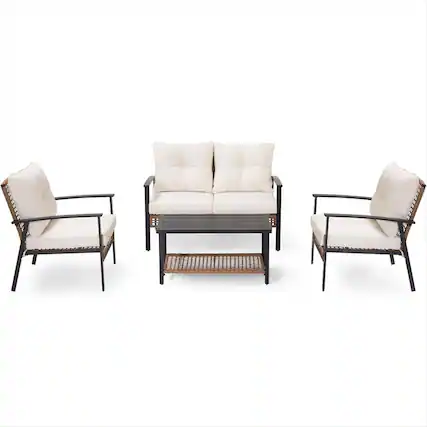 Front. Yardgrace - 4-Piece Wicker Patio Conversation Set with Beige Cushions - Brown.