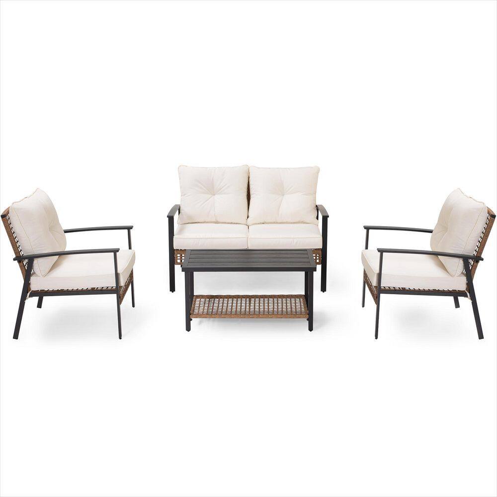 Front. Yardgrace - 4-Piece Wicker Patio Conversation Set with Beige Cushions - Brown.