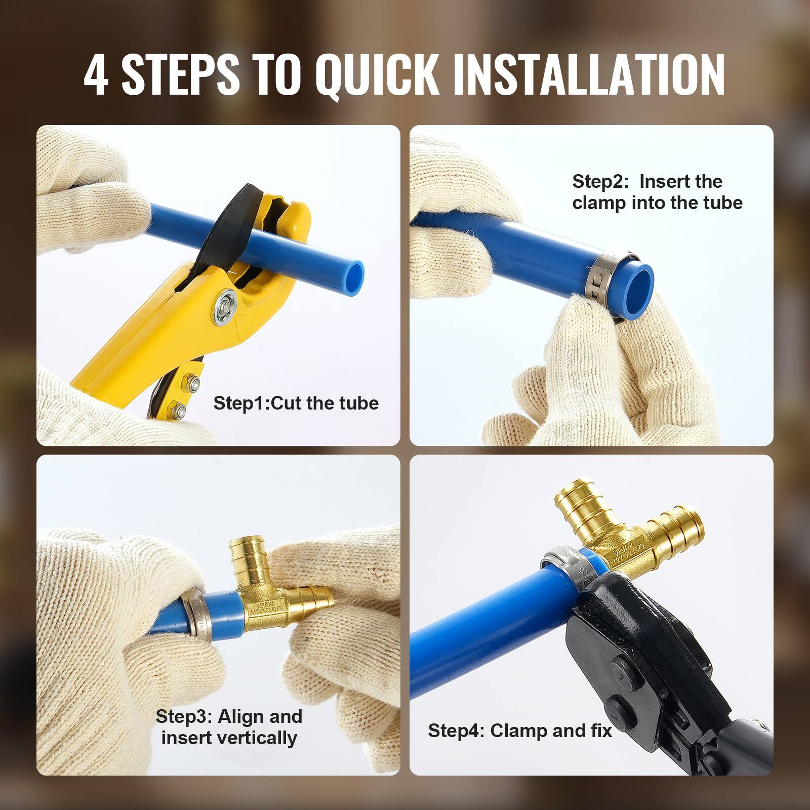 4 STEPS TO QUICK INSTALLATION

Step1: Cut the tube

Step2: Insert the clamp into the tube

Step3: Align and insert vertically

Step4: Clamp and fix
