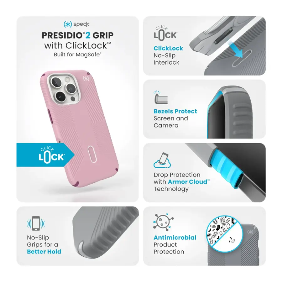 The text on the image is grouped and corrected as follows:

1. Speck Presidio2 Grip with ClickLock: Built for MagSafe
2. ClickLock: No-Slip Interlock
3. Bezels: Protect Screen and Camera
4. Drop Protection with Armor Cloud Technology
5. No-Slip Grips for a Better Hold
6. Antimicrobial Product Protection