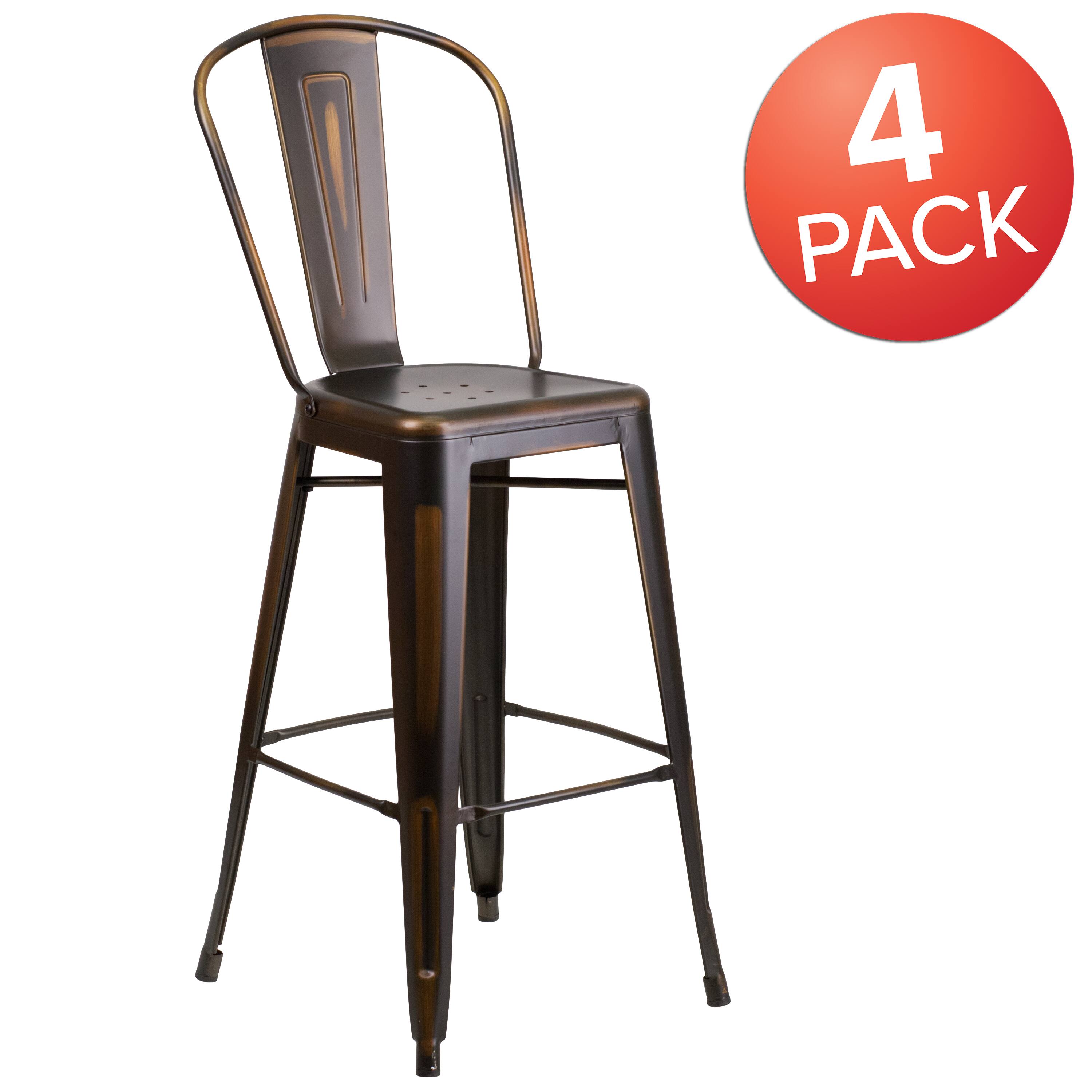 Alt View 1. Emma + Oliver - Commercial Grade 4 Pack 30" High Distressed Metal Indoor-Outdoor Barstool with Back - Copper.