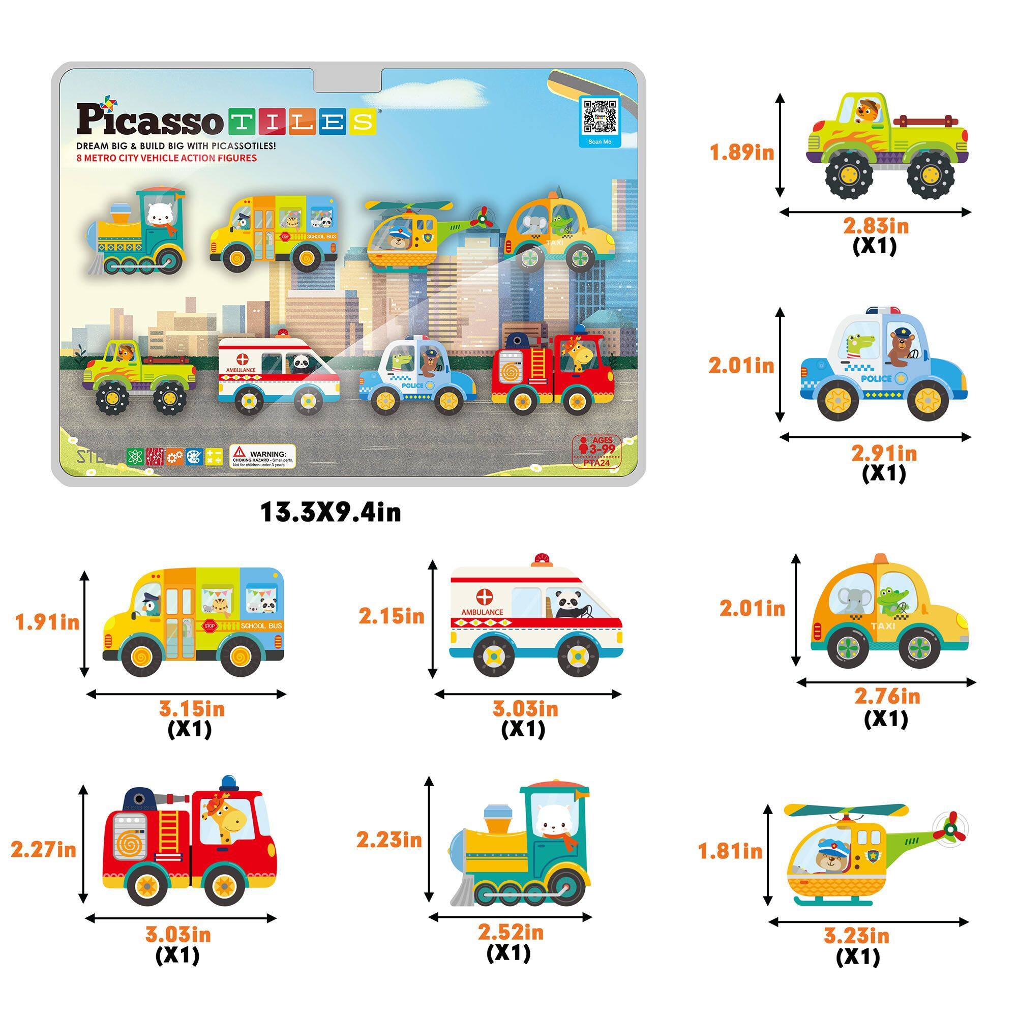Picasso Tiles Dream Big & Build Big with Picasso Tiles 8 Metro City Vehicle Action Figures - 1.89in - 2.83in (X1) : A PA 2.01in M POLICE ne I I i 13.3X9.4in AGES - 3-99 PFA24 2.91in (X1) 1.91in .. 2.000 MEEOA a AMBULANCE 2.15in 0000 2.01in B TAXI 3.15in (X1) 3.03in (X1) 2.76in (X1) 2.27in 2.23in 1.81in 3.03in (X1) 2.52in (X1) 3.23in (X1)