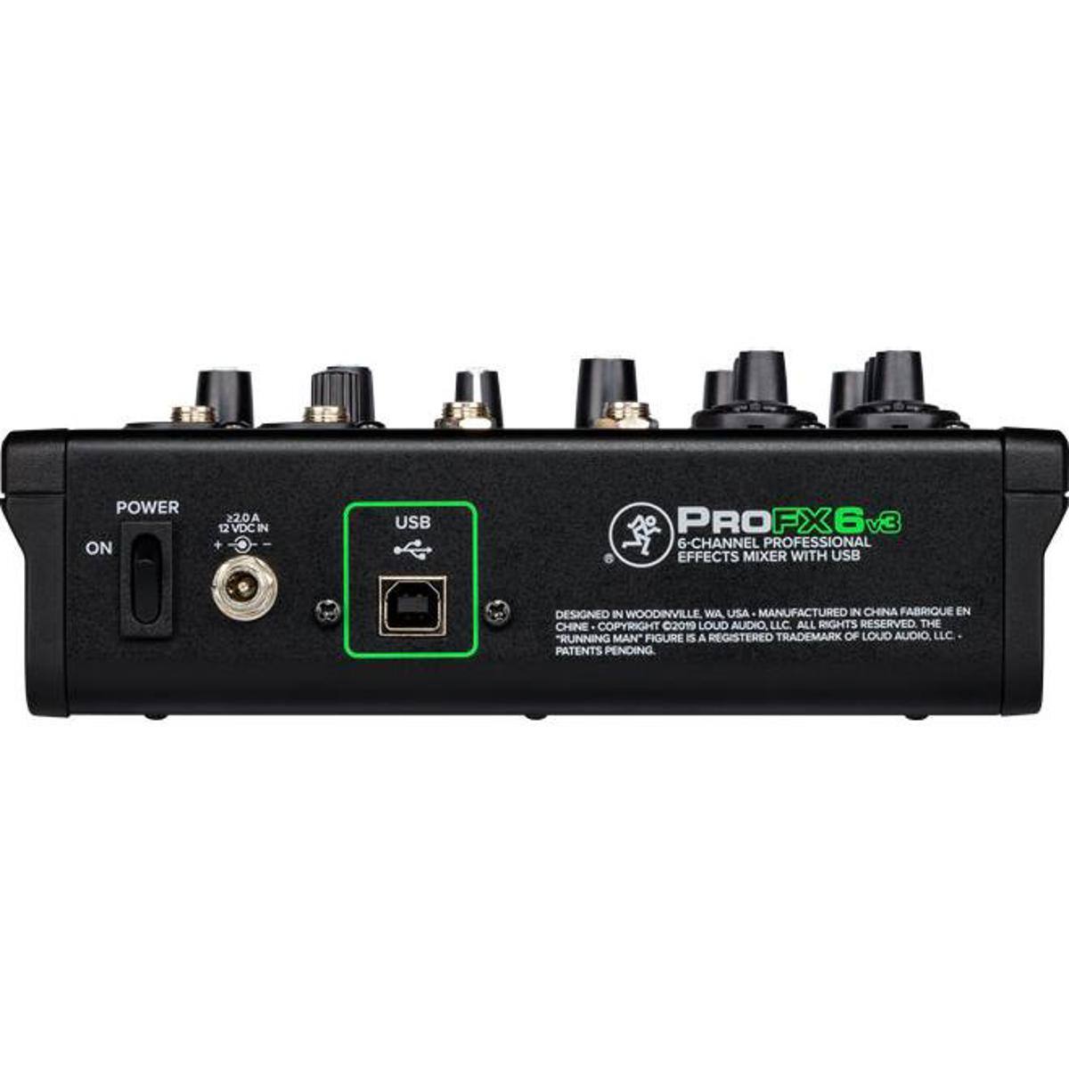 POWER ON 220A 12 VDC IN + USB PROFX6v3 6-CHANNEL PROFESSIONAL EFFECTS MIXER WITH USB DESIGNED IN WOODINVILLE WA USA MANUFACTURED IN CHINA FABRIQUE EN CHINE COPYRIGHT 2019 LOUD AUDIO, LLC. ALL RIGHTS RESERVED THE RUNNING MAN FIGURE IS A REGISTERED TRADEMARK OF LOUD AUDIO LLC- PATENTS PENDING