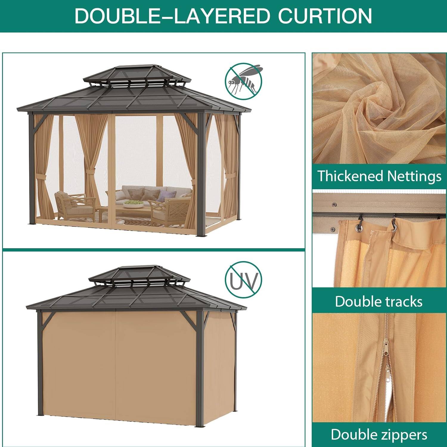 DOUBLE-LAYERED CURTAIN

- Thickened Nettings
- UV Protection
- Double tracks
- Double zippers