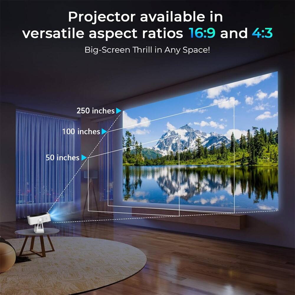 Projector available in versatile aspect ratios 16:9 and 4:3. Big-Screen Thrill in Any Space! 250 inches, 100 inches, 50 inches.