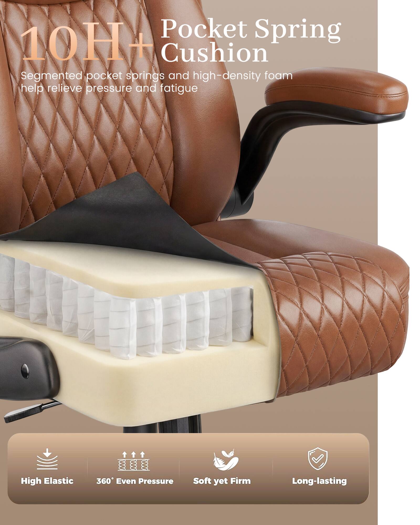 Pocket Spring 10H+ Cushion  
Segmented pocket springs and high-density foam help relieve pressure and fatigue

High Elastic  
360° Even Pressure  
Soft yet Firm  
Long-lasting