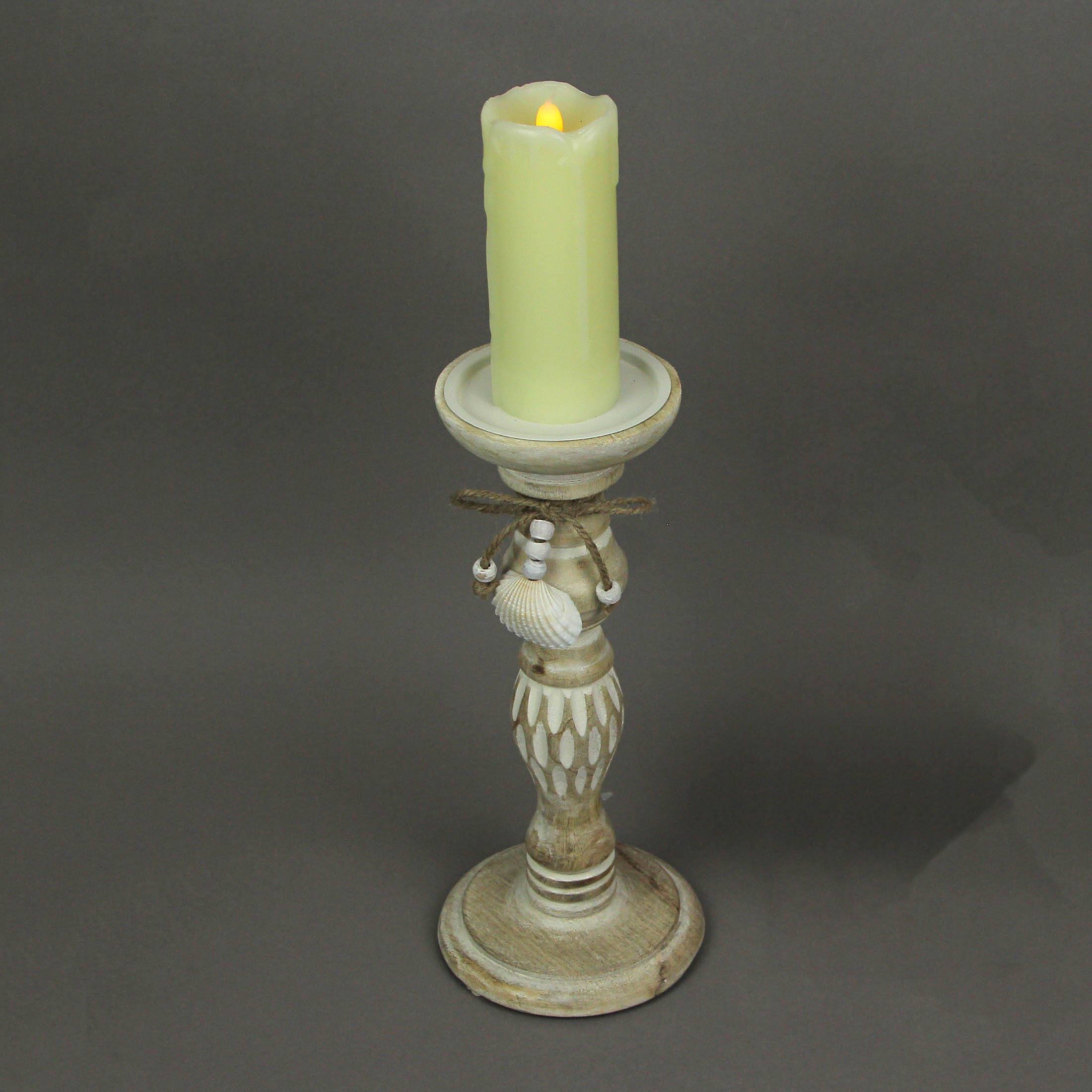Alt View 2. PD Home & Garden - 11 Inch Wood Pedestal Candle Holder Rustic White Washed Pillar With Sea Shells - Tan.