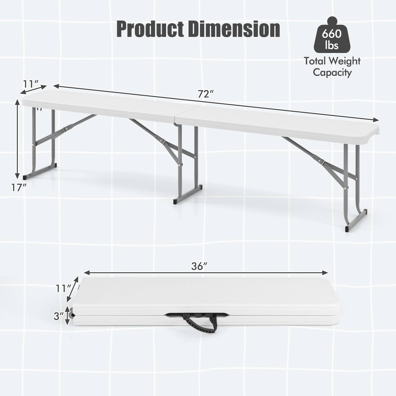 11" Product Dimension 660 lbs Total Weight Capacity 72" 17" 36" 11" 3"