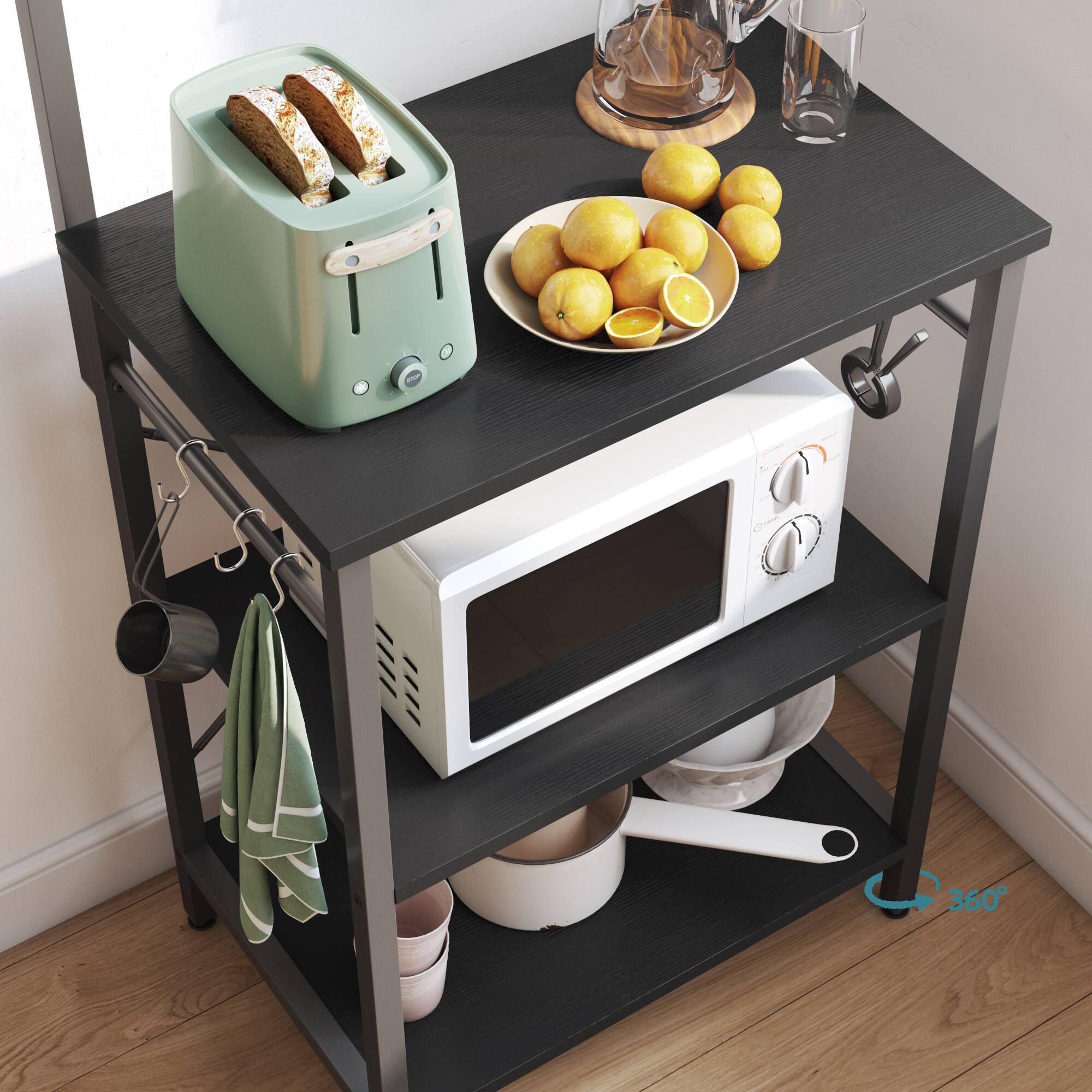 Left. Bestier - Kitchen Baker's Rack with Hutch and 8 Side Hooks - Black.