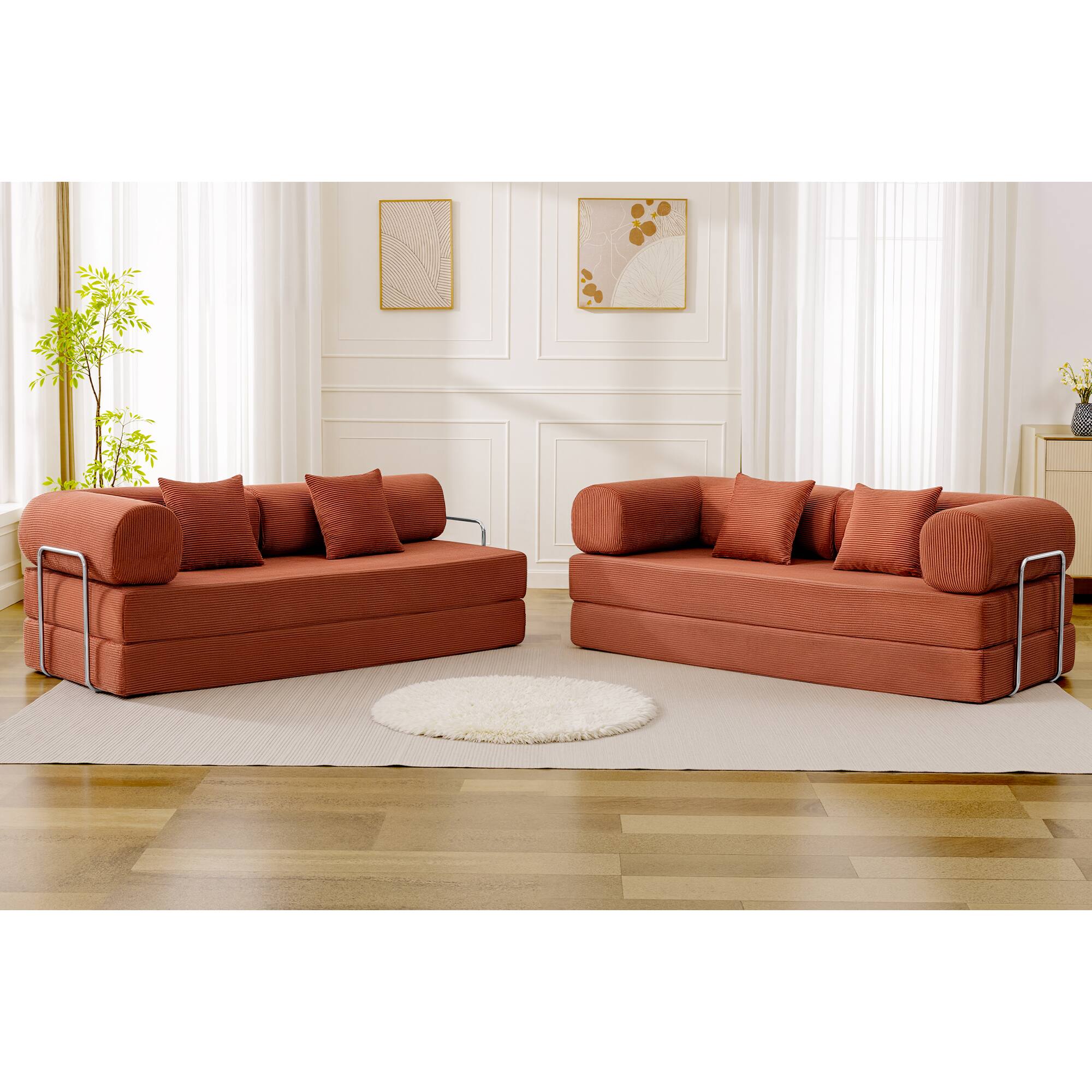 Left. KERDOM - Upholstered L Shaped Modular Sofa Bed with Chaise, Corduroy Folding Floor Convertible Sofa Couch Bed for Living Room - Pumkin Brown.