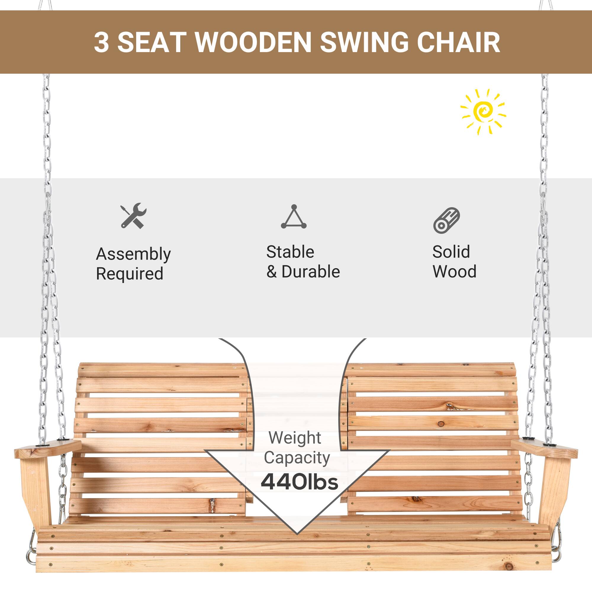 3 SEAT WOODEN SWING CHAIR
Assembly Required
Stable & Durable
Solid Wood
Weight Capacity 440lbs