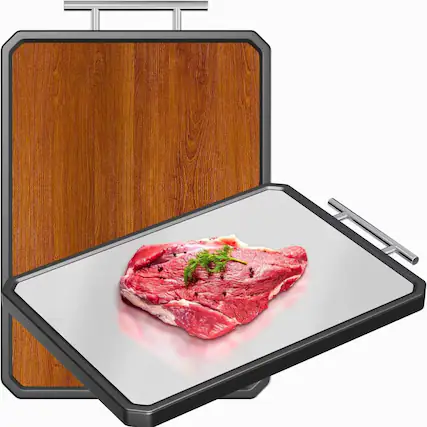 Front. Tooloton - Stainless Steel Double Sided Cutting Board with Handle, 16x11 Inch Reversible Kitchen Chopping Board - Silver.