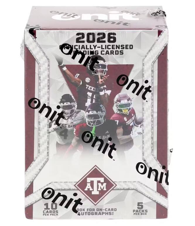 2026 Officially-Licensed Trading Cards  
10 Cards Per Pack  
5 Packs Per Box  
Look for On-Card Autographs!  
Texas A&M