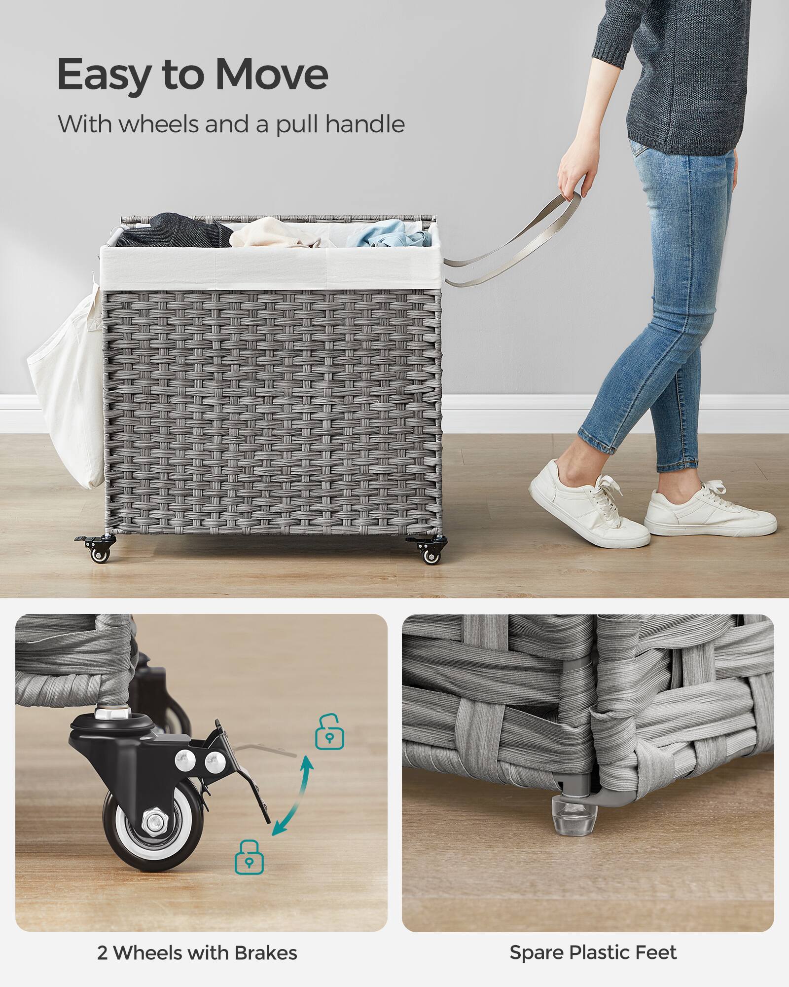 Easy to Move  
With wheels and a pull handle  

2 Wheels with Brakes  

Spare Plastic Feet