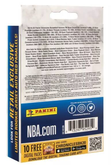 2019-20 Panini Chronicles Basketball features 50 Base Chronicles (numbers 1-80), 25 Base Prestige (numbers 51-75), 30 Base Luminance (numbers 138-165), 30 Base Playbook (numbers 166-195), 35 Base Essentials (numbers 201-233), 35 Base Marquee (numbers 236-270), 35 Base Recon (numbers 271-285), 30 Base Phoeni (numbers 296-300), 30 Base Doarass Optic Traded (numbers 511-515), 30 Base Prizm Update (numbers 548-565), 30 Base Phoeni Crusade (numbers 516-545), 30 Base Classies (numbers 566-580), 30 Base Flax (numbers 581-600), 30 Base Classies (numbers 634-666), 3
