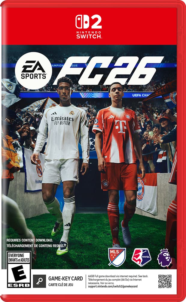**Nintendo Switch**
**EA SPORTS FC26**
**REQUIRES CONTENT DOWNLOAD.**
**TÉLÉCHARGEMENT DE CONTENU REQUIS.**
**EVERYONE ENFANTS et ADULTES**
**E**
**ESRB**
**GAME-KEY CARD**
**CARTE CLÉ DE JEU**
**66GB Full game download via internet required.**
**Téléchargement du jeu complet (66 Go) via Internet nécessaire.**
**See back.**
**Voir au verso.**
**support.nintendo.com/switch2/gamekeycard**
**MLS**
**NWSL**