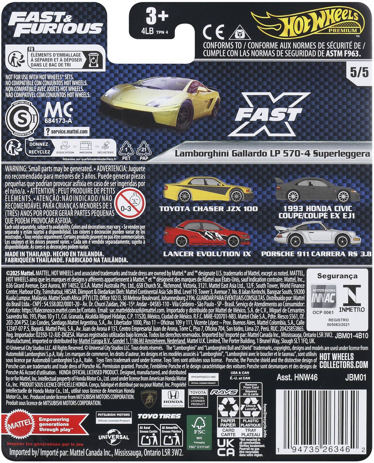 Sure, here is the corrected and grouped text from the image:

---

**FAST & FURIOUS**

**3+**  
**4LB**  
**TPN 4**

**FR**  
**ÉLÉMENTS D'EMBALLAGE À SÉPARER ET À DÉPOSER DANS LE BAC DE TRI**

**NOT FOR USE WITH HOT WHEELS® SETS.**  
**NON COMPATIBLE AVEC JOUETS HOT WHEELS.**  
**NON COMPATIBLE AVEC JOUETS HOT WHEELS.**  
**NÃO COMPATÍVEL COM JOGOS HOT WHEELS.**

**CONFORMS TO / CONFORME AUX NORMES DE SÉCURITÉ DE / CUMPLE CON LAS NORMAS DE SEGURIDAD DE ASTM F963.**

**WARNING: Small parts may be generated.**  
**ADVERTENCIA: Juguete puede generar piezas pequeñas que podrían provocar asfixia si ingeridas por niño/a.**  
**ATTENTION: Peuvent générer des petits éléments qui peuvent provoquer asphyxie si ingérés par un enfant.**  
**ATEN