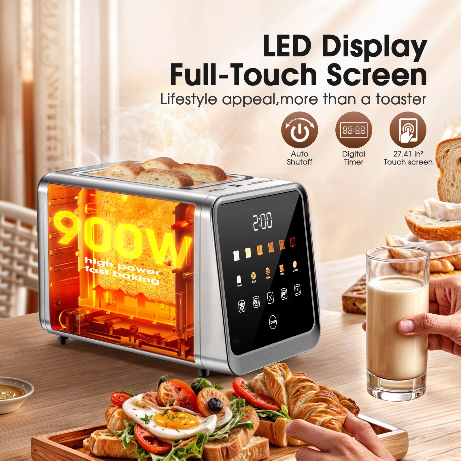 LED Display Full-Touch Screen  
Lifestyle appeal, more than a toaster  
88:88 Auto Shutoff Digital Timer  
27.41 in² Touch screen  
2:00  
900W high power fast baking