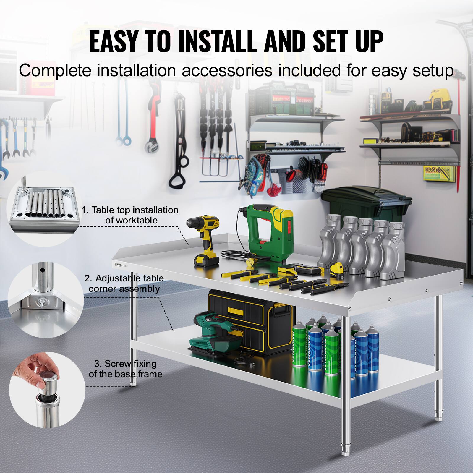 EASY TO INSTALL AND SET UP

Complete installation accessories included for easy setup

1. Table top installation of worktable
2. Adjustable table corner assembly
3. Screw fixing of the base frame