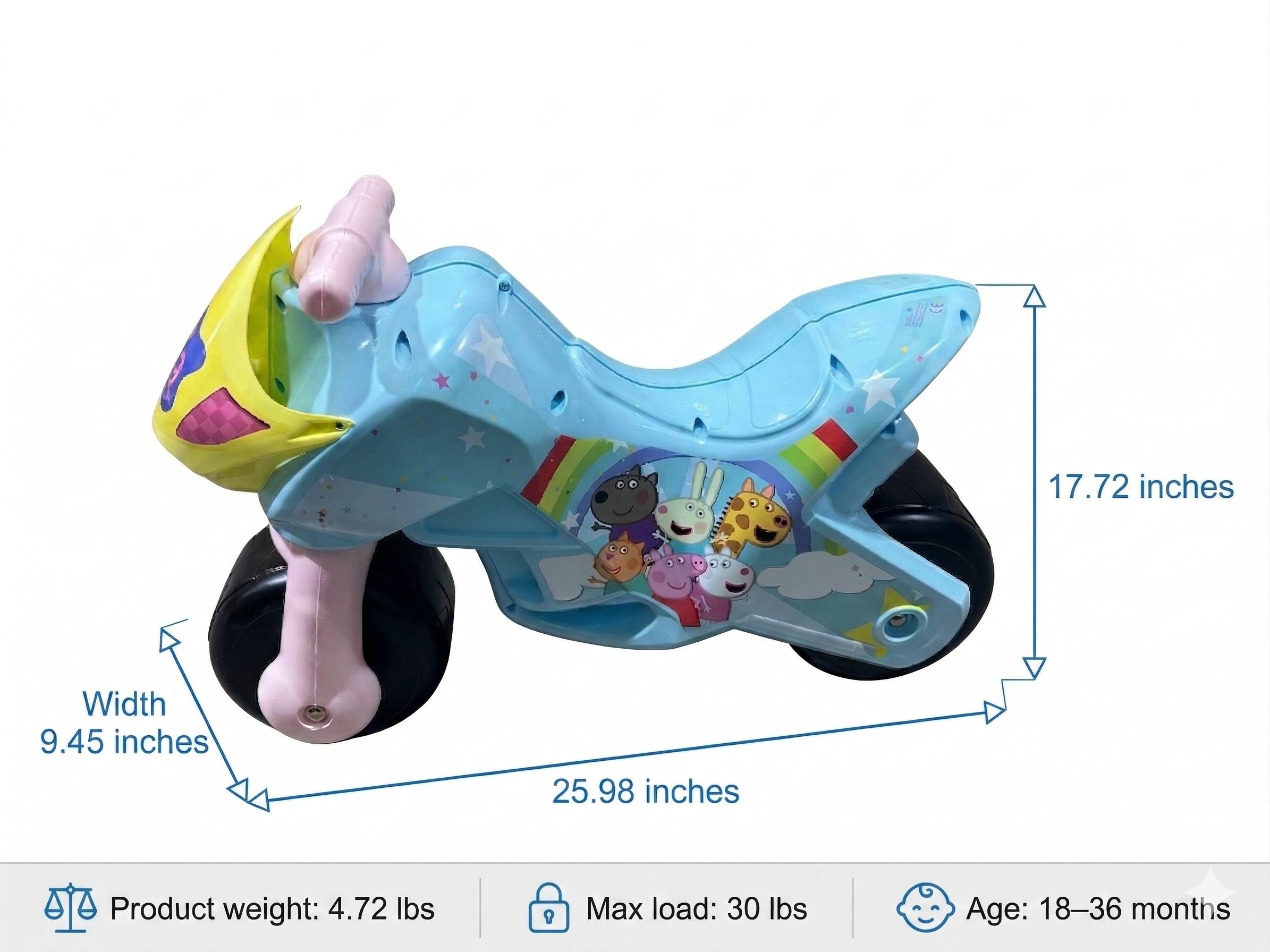 - Width: 9.45 inches
- Length: 25.98 inches
- Height: 17.72 inches
- Product weight: 4.72 lbs
- Max load: 30 lbs
- Age: 18-36 months
