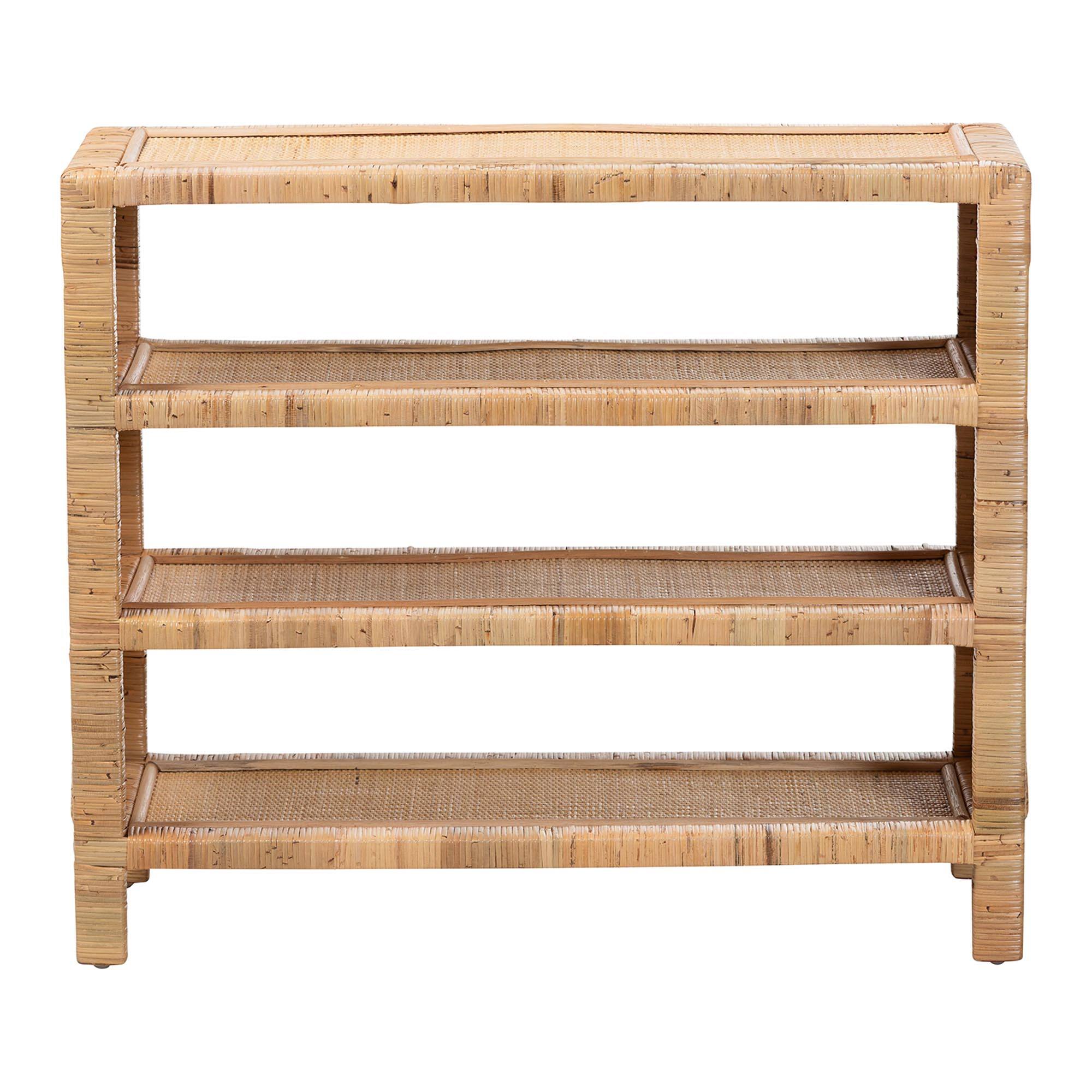 Angle. bali & pari - Abelia Natural Rattan 4-Tier Display Shelf - Handwoven Boho Coastal Bookcase or Entryway Storage, Lightweight - Natural.