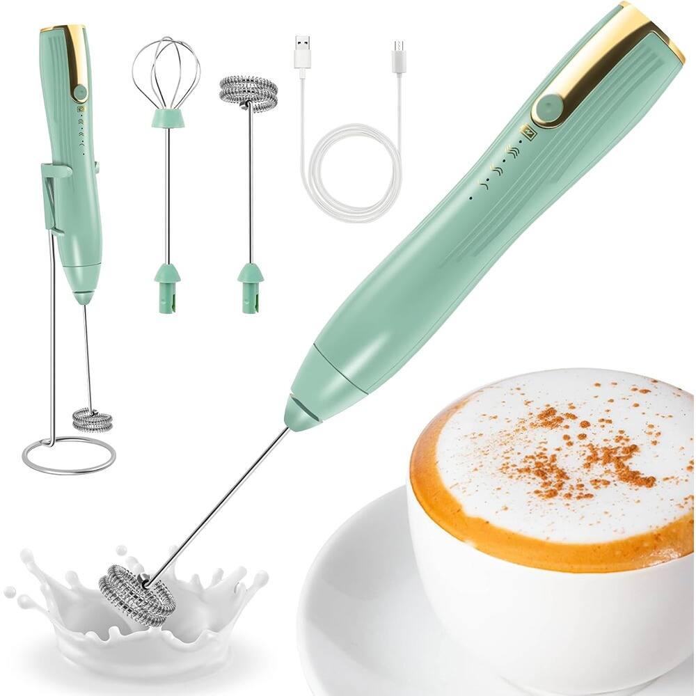 Front. ACJPR - Powerful Handheld Milk Frother, Rechargeable Electric Whisk and Foam Maker for Latte, Cappuccino, Frappe, Matcha - Green.