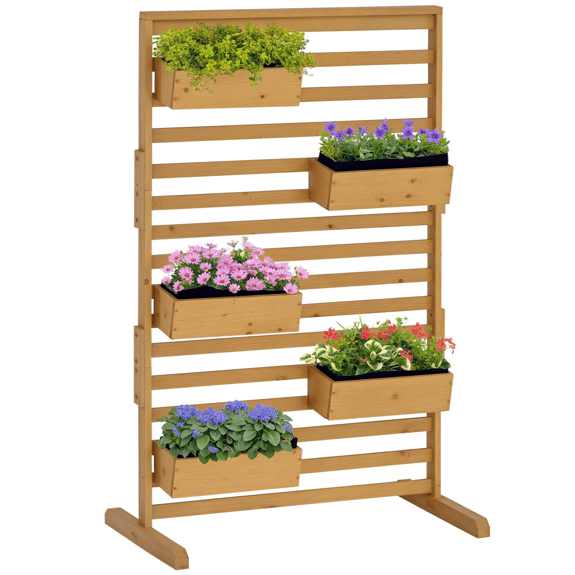 Front. Outsunny - Wooden Plant Trellis Stand with 5 Hanging Planter Boxes, Freestanding Outdoor Plant Stand for Patio - Natural Wood.