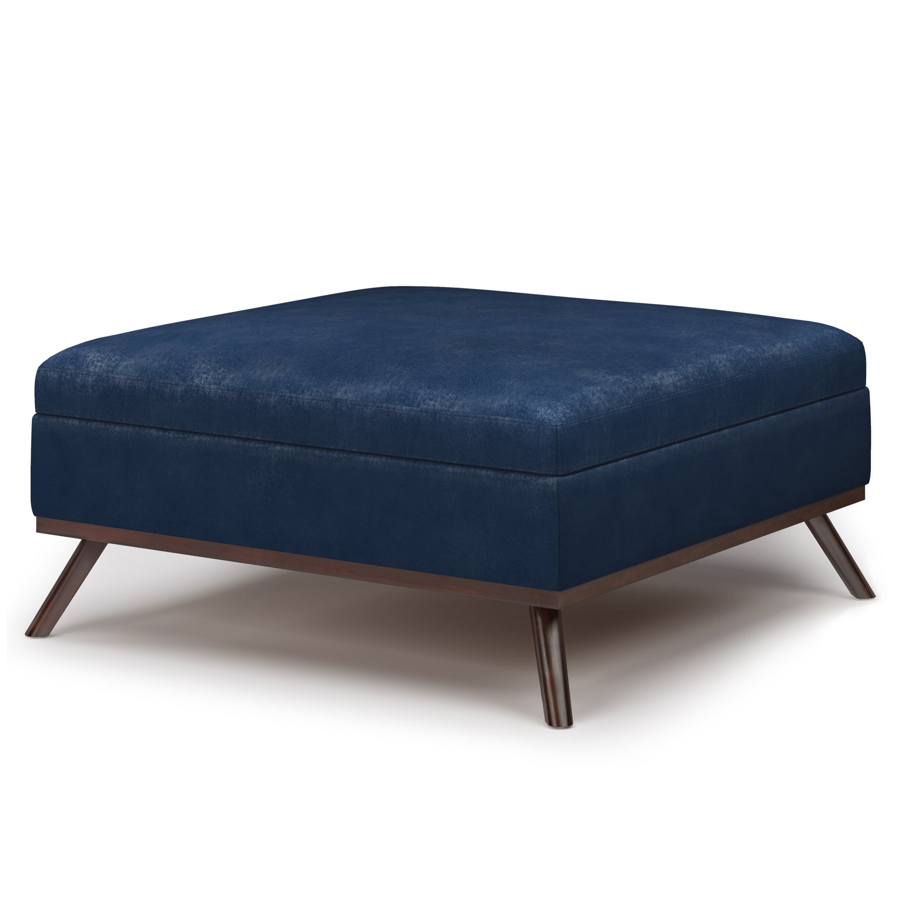Angle. Simpli Home - Owen Square Coffee Table Storage Ottoman - Distressed Dark Blue.