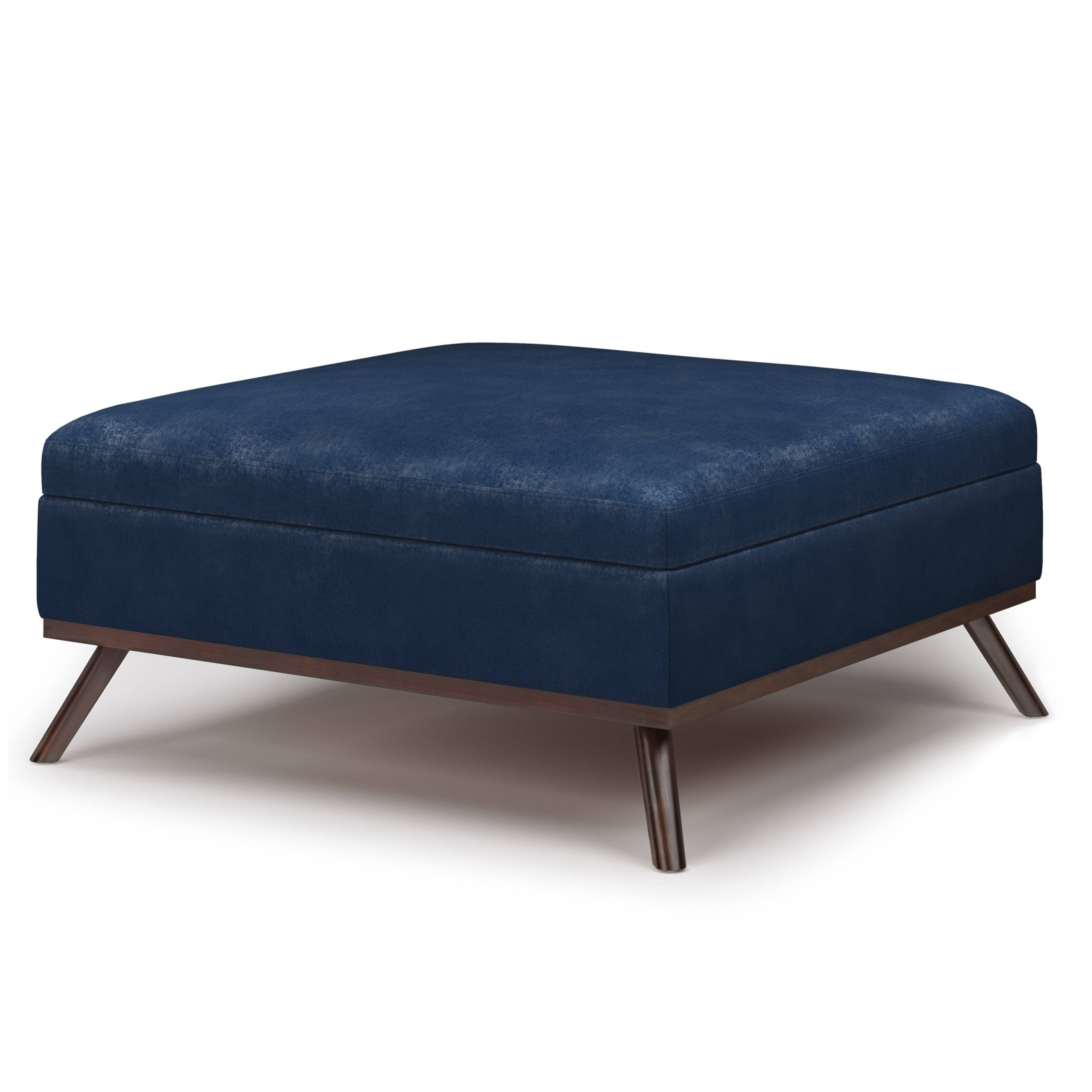 Angle. Simpli Home - Owen Square Coffee Table Storage Ottoman - Distressed Dark Blue.