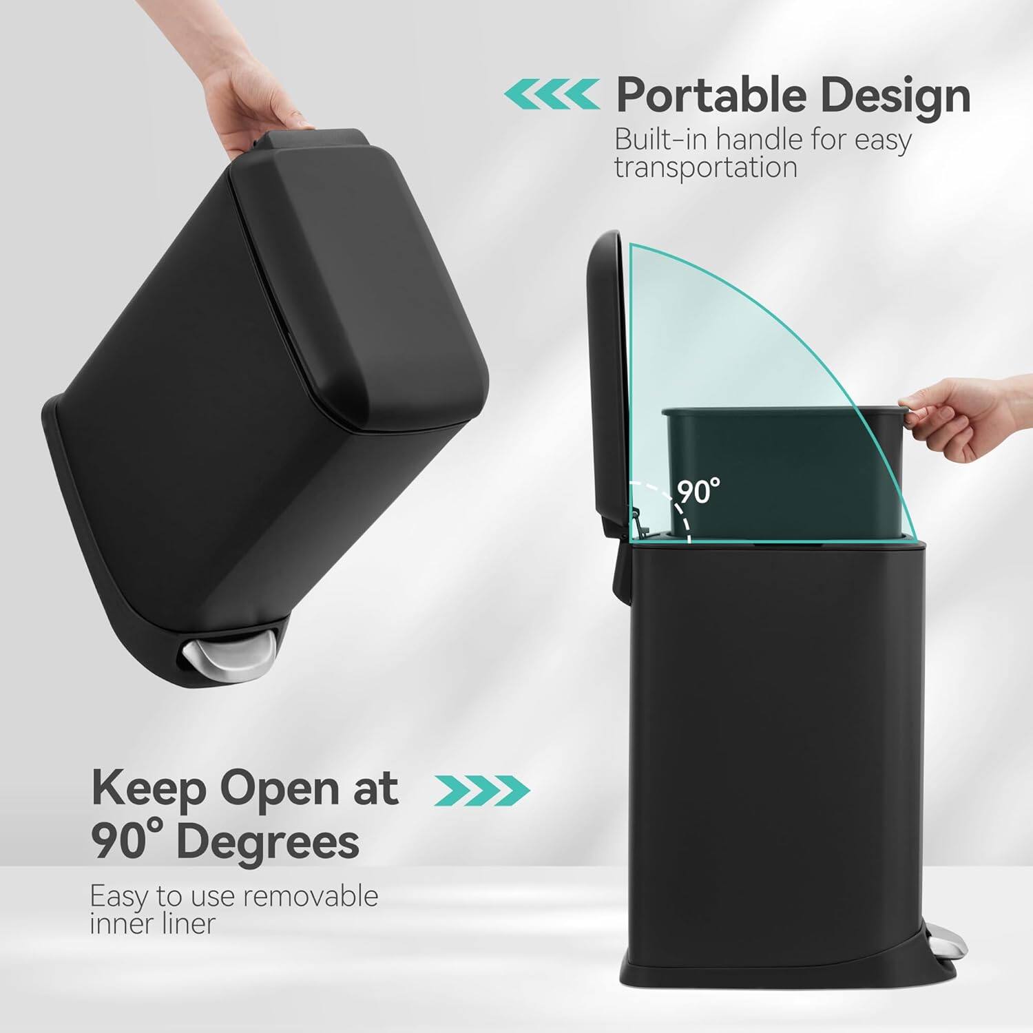 Portable Design  
Built-in handle for easy transportation  

Keep Open at 90° Degrees  
Easy to use removable inner liner