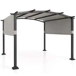 Costway - 10' x 10' Outdoor Pergola with Retractable Sunshade Canopy Anchored Plates Patio - Grey + Black