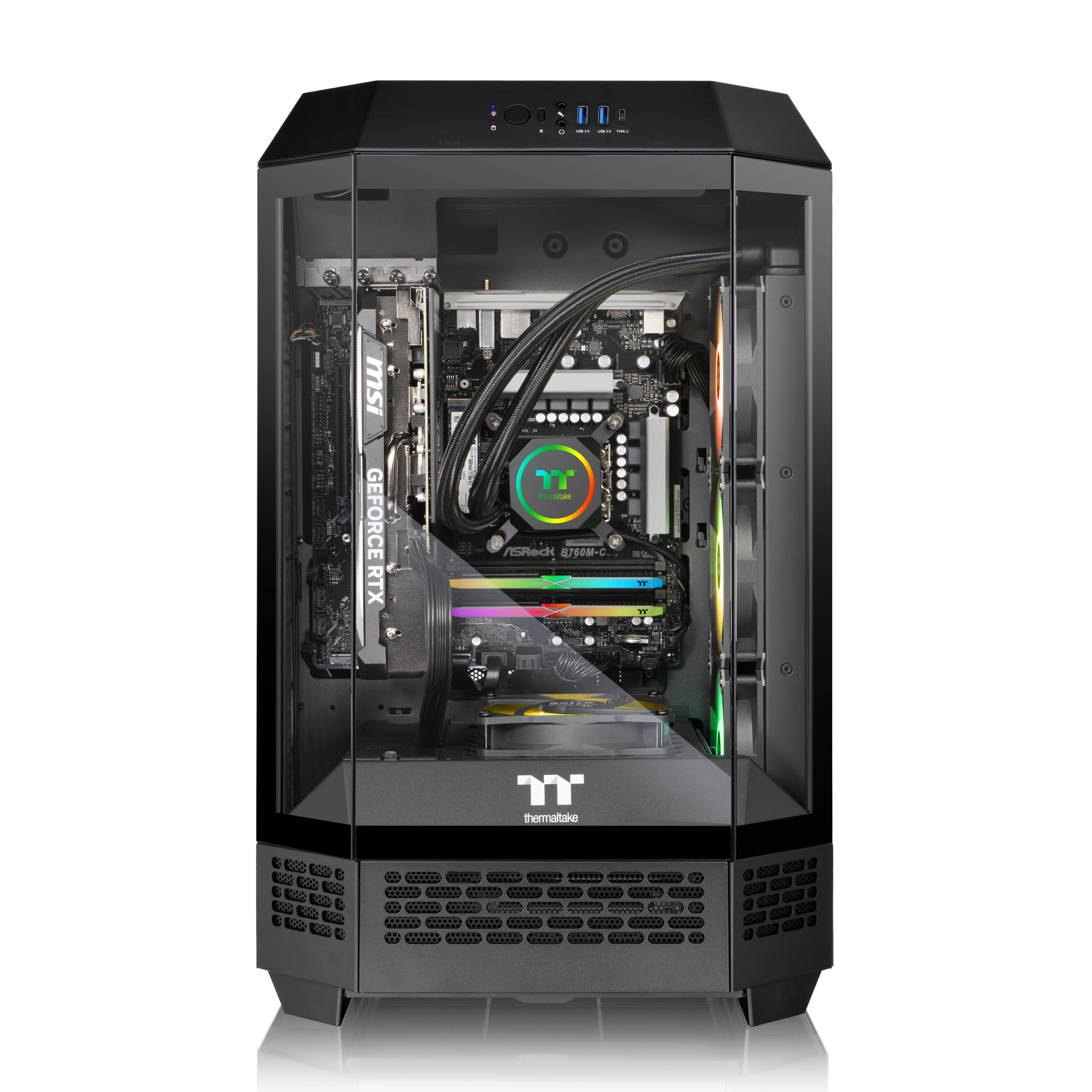 The image features a black computer tower with a clear side panel, showcasing the internal components. The tower is equipped with a MSI GeForce RTX 2080 Ti graphics card, which is a powerful gaming card. The computer also has a thermaltake cooling system to ensure optimal performance and prevent overheating. The tower is a sleek and modern design, perfect for gaming enthusiasts and professionals.